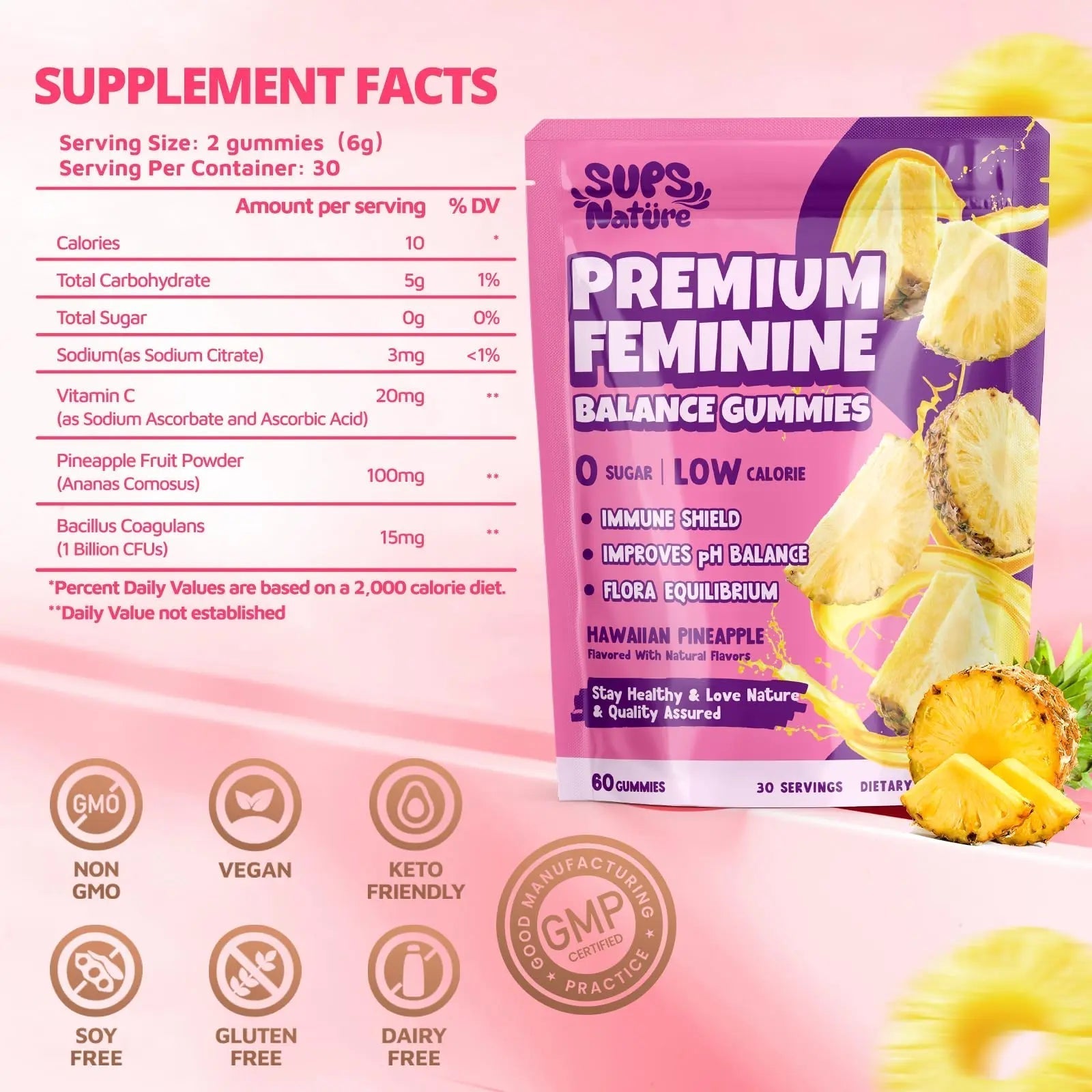 Women's Probiotic Gummies Nutrition Premium Feminine Balance Gummies - Supports pH Balance, Digestion & Immune Health - Hawaiian Pineapple Flavor sups natureAu supplements
