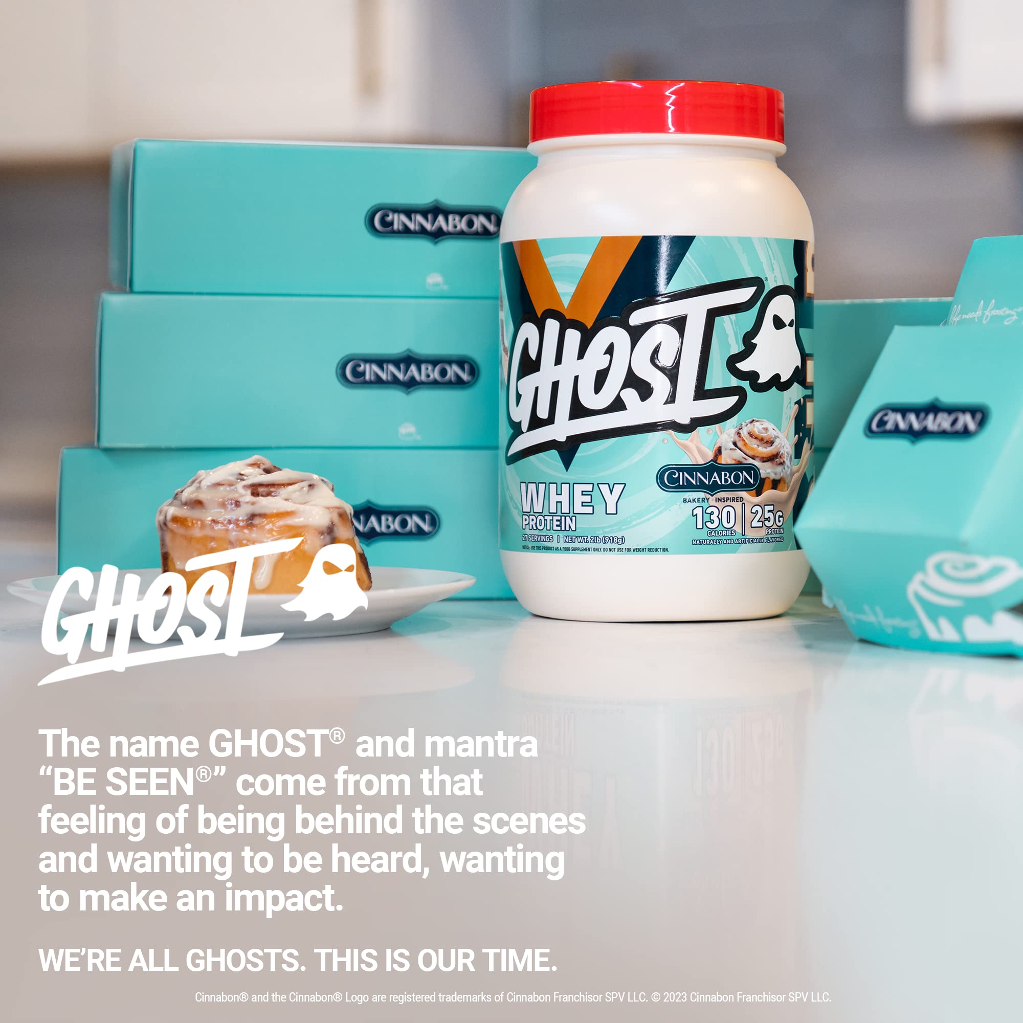 GHOST Whey Protein Powder, Cinnabon - 2LB Tub, 25G of Protein - Cinnamon Roll Flavore GHOSTUS supplements