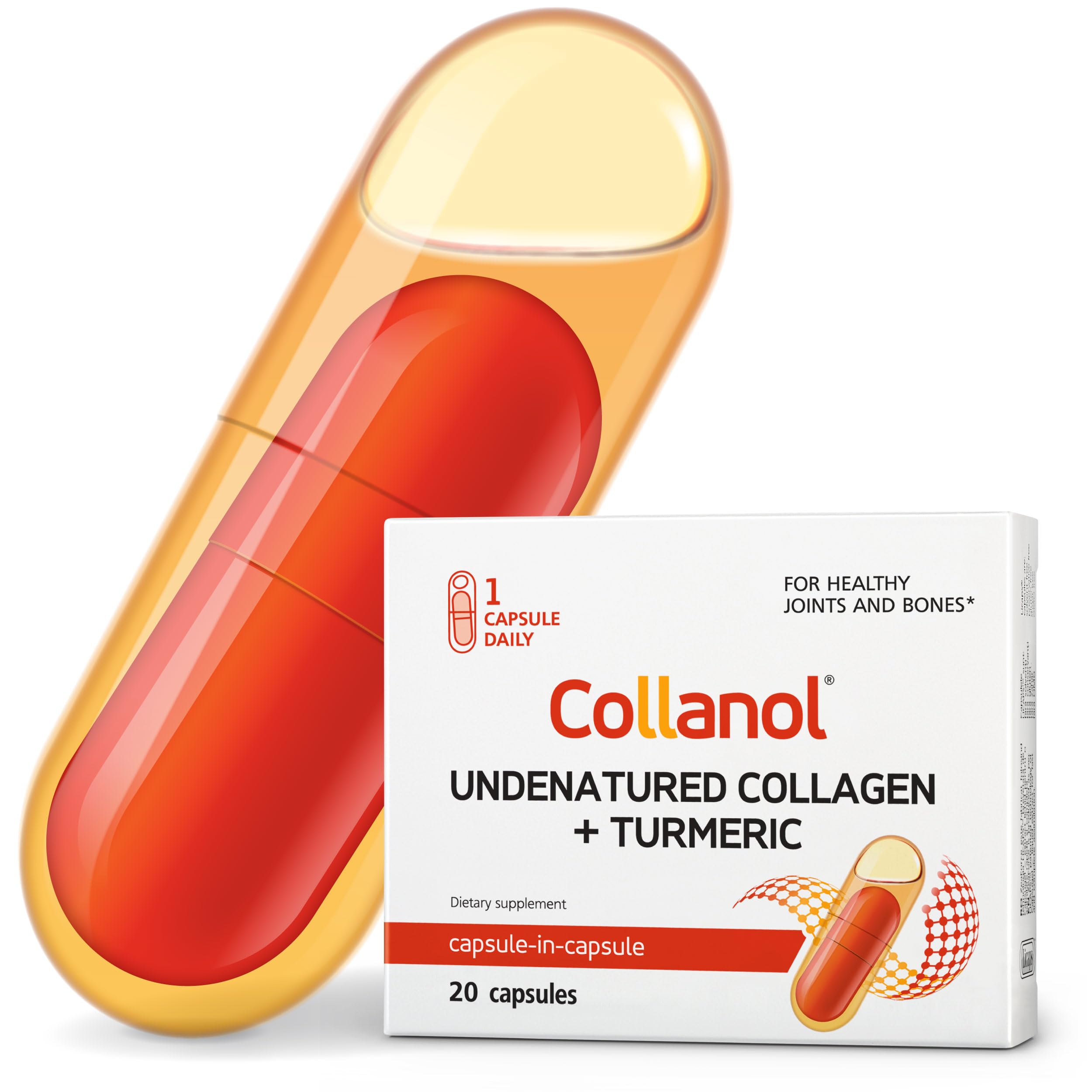 Innovation in The Care of Healthy Joints – Liquid Formula in a Double Capsule. 3D Collagen + Micelle Extract of Turmeric Roots 1 Capsule/Day. Laboratory Tested CollanolAu supplements