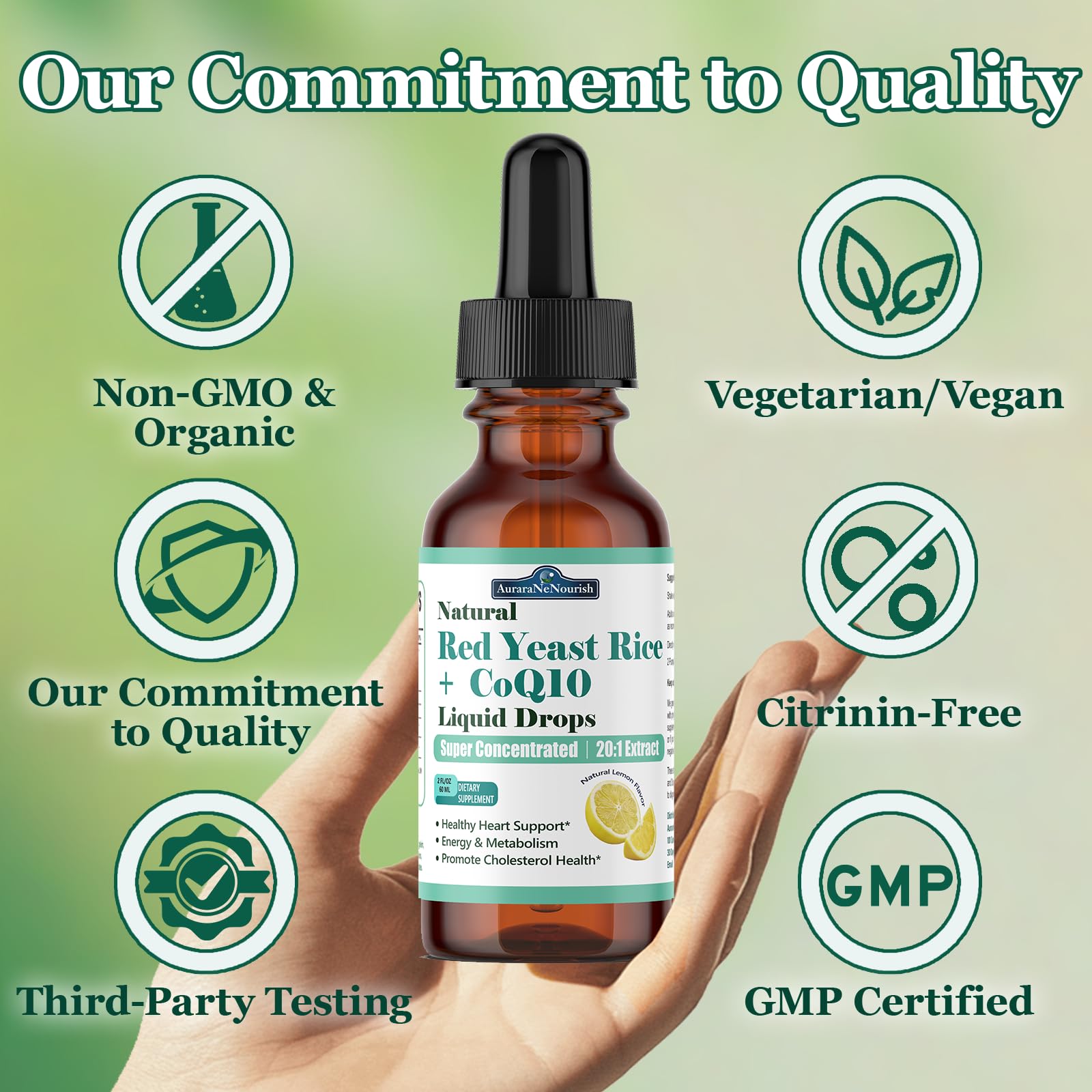 Liposomal Red Yeast Rice with Coq10 Liquid Drops, 5-in-1 Extra Strength 1200mg Cholesterol & Heart Support w. Citrus Bergamot Alpha Lipoic Acid | Cholesterol Lowering Supplement | GMO & Citrinin Free AuraraNeNourishAu supplements