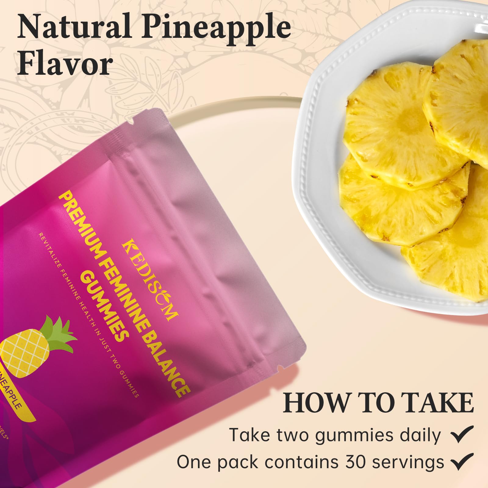 KEDISOM Premium Feminine Balance Gummies - for Women’s Health & Wellness - Immune Support - Vegan, Gluten-Free - Hawaiian Pineapple - 60 Gummies - 30 Servings KEDISOMAu supplements
