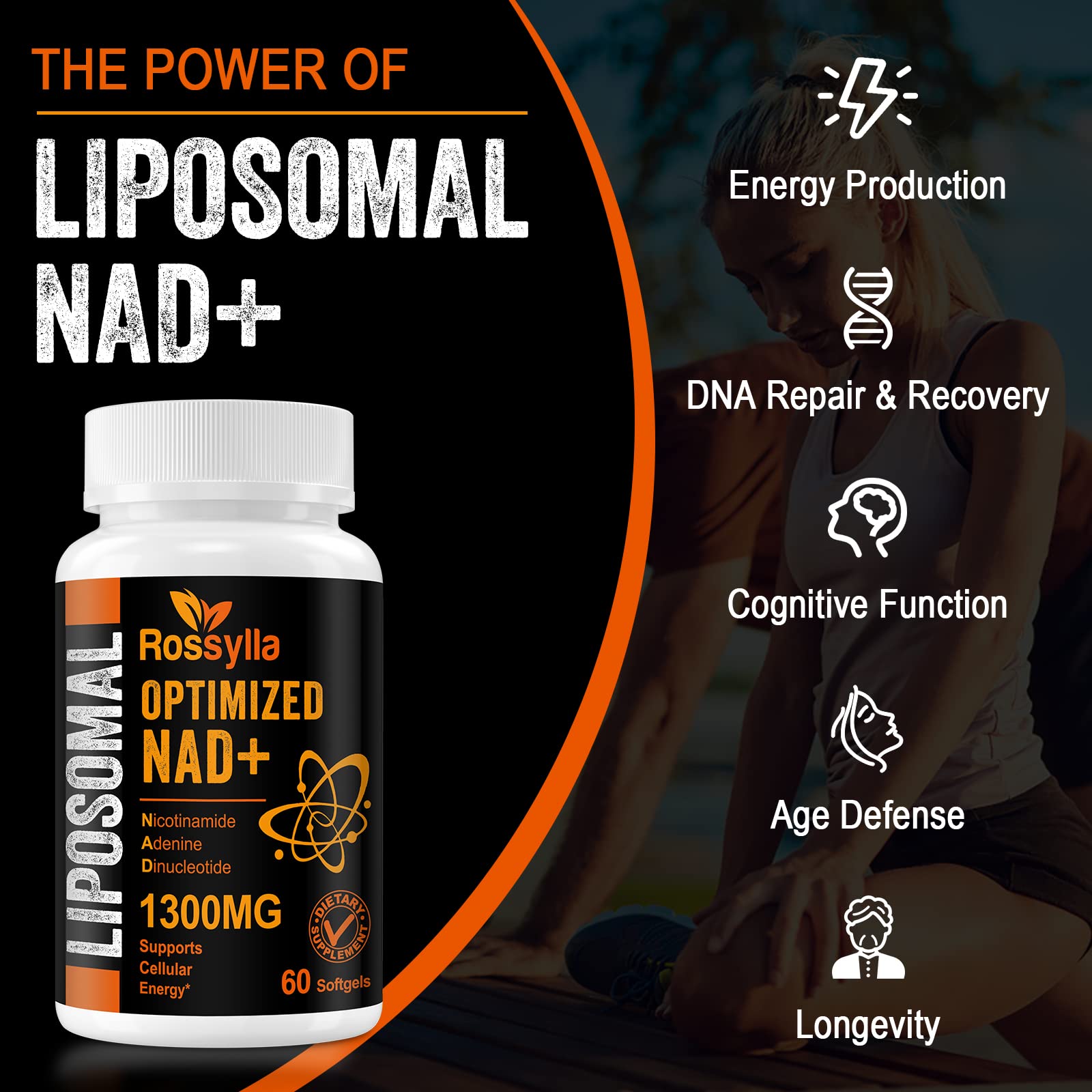 Rossylla 1300 MG Liposomal NAD+ Supplement | Highest Absorption | Purest NAD Supplemet to Boost NAD+ Effetively | Boosting NAD+ Supplement for Aging Defese, Cellular Energy, Longevity | 120 Count RossyllaAu supplements