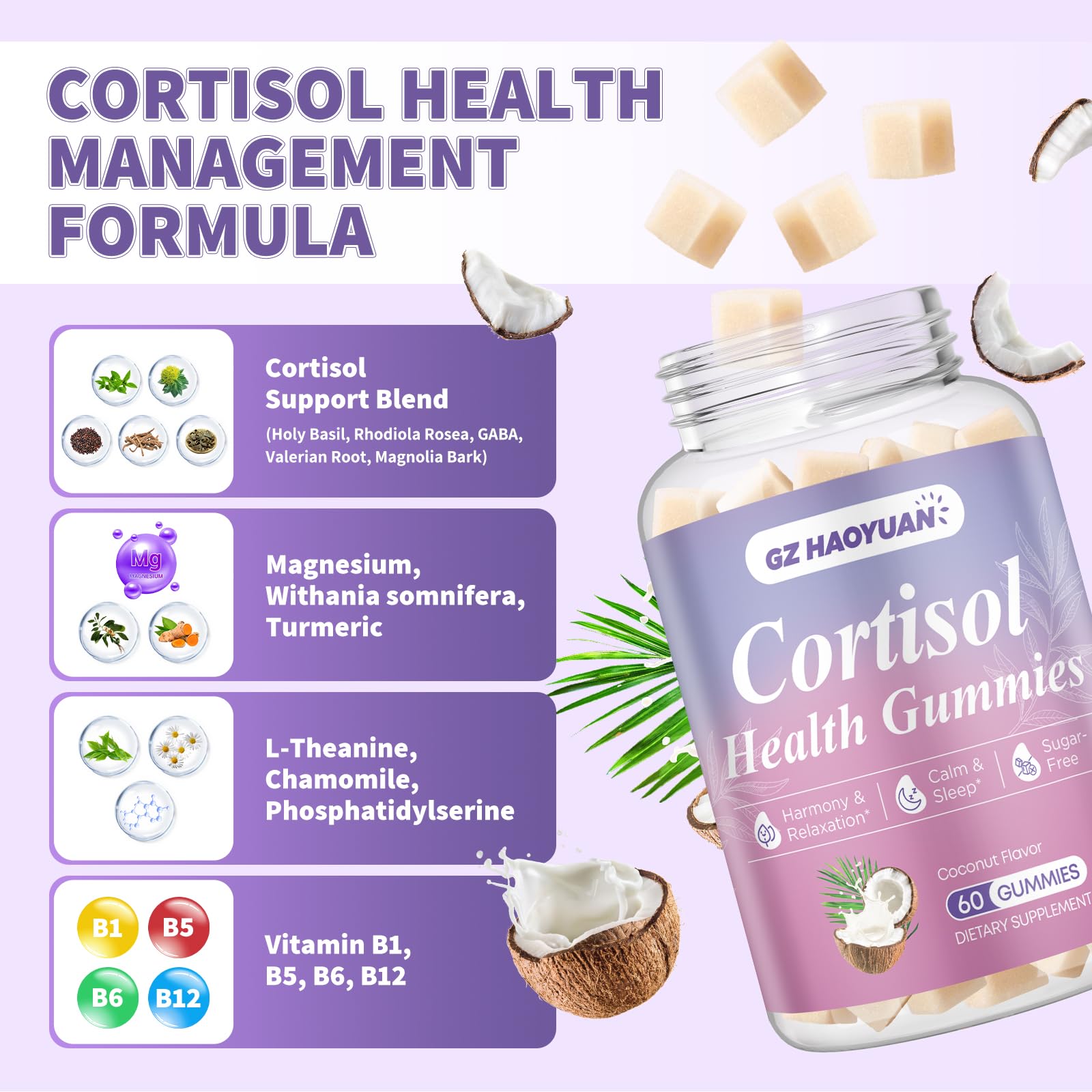 Cortisol Gummies for Women - Cortisol Supplements with Magnesium Glycinate, Ashwagandha, L-Theanine, Vitamin B Complex for Relaxation, Sleep, Calm Mood & Focus - Vegan, Sugar Free Coconut Flavor GZ HAOYUANAu supplements