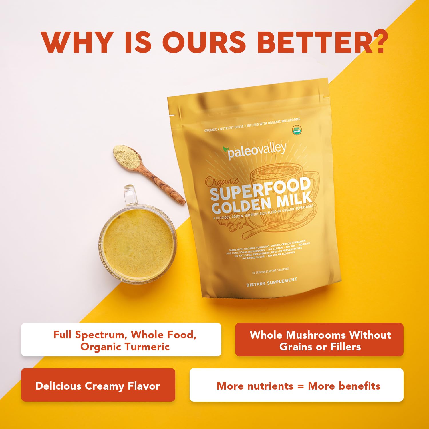 Paleovalley Organic Superfood Golden Milk - Immune, Focus, Cognitive, Longevity - Turmeric, MCT-Rich Coconut Milk, Functional Mushrooms, 30 Servings PaleovalleyUS supplements