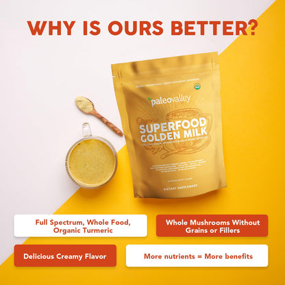 Paleovalley Organic Superfood Golden Milk - Immune, Focus, Cognitive, Longevity - Turmeric, MCT-Rich Coconut Milk, Functional Mushrooms, 30 Servings PaleovalleyUS supplements