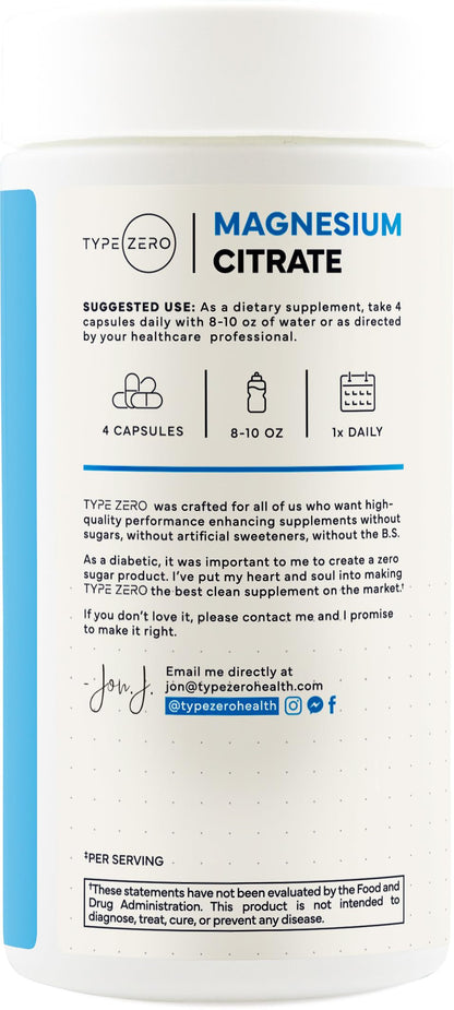 Type Zero Clean Magnesium Citrate Capsules (420mg Per Serving - 200 Capsules) Pure Magnesium Citrate Supplement, Non-GMO - Gluten Free, 50 Servings Type ZeroUS supplements