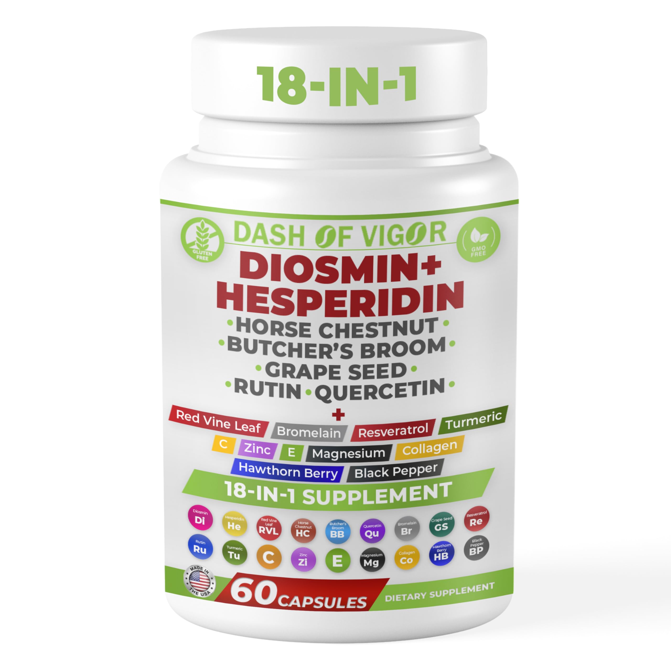 Dash of Vigor 18-in-1 Diosmin Hesperidin Supplement, Quercetin with Bromelain, Zinc, Vitamin C with Rutin Supplement, Horse Chestnut Extract, Butcher's Broom Extract, USA, 60 Capsules DASH OF VIGOR DOFVAu supplements