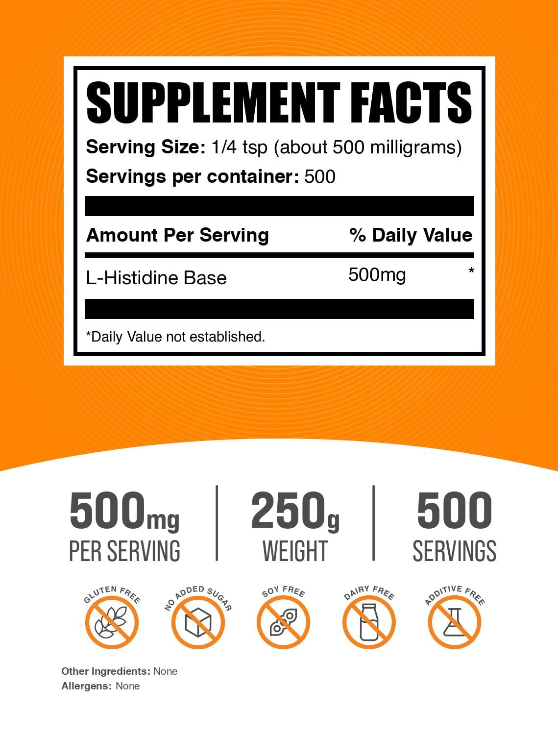 BulkSupplements.com L-Histidine Powder - as L-Histidine Base, Histidine Supplement - Essential Amino Acid & Gluten Free, 500mg per Serving, 250g (8.8 oz) (Pack of 1) BulkSupplementsAu supplements