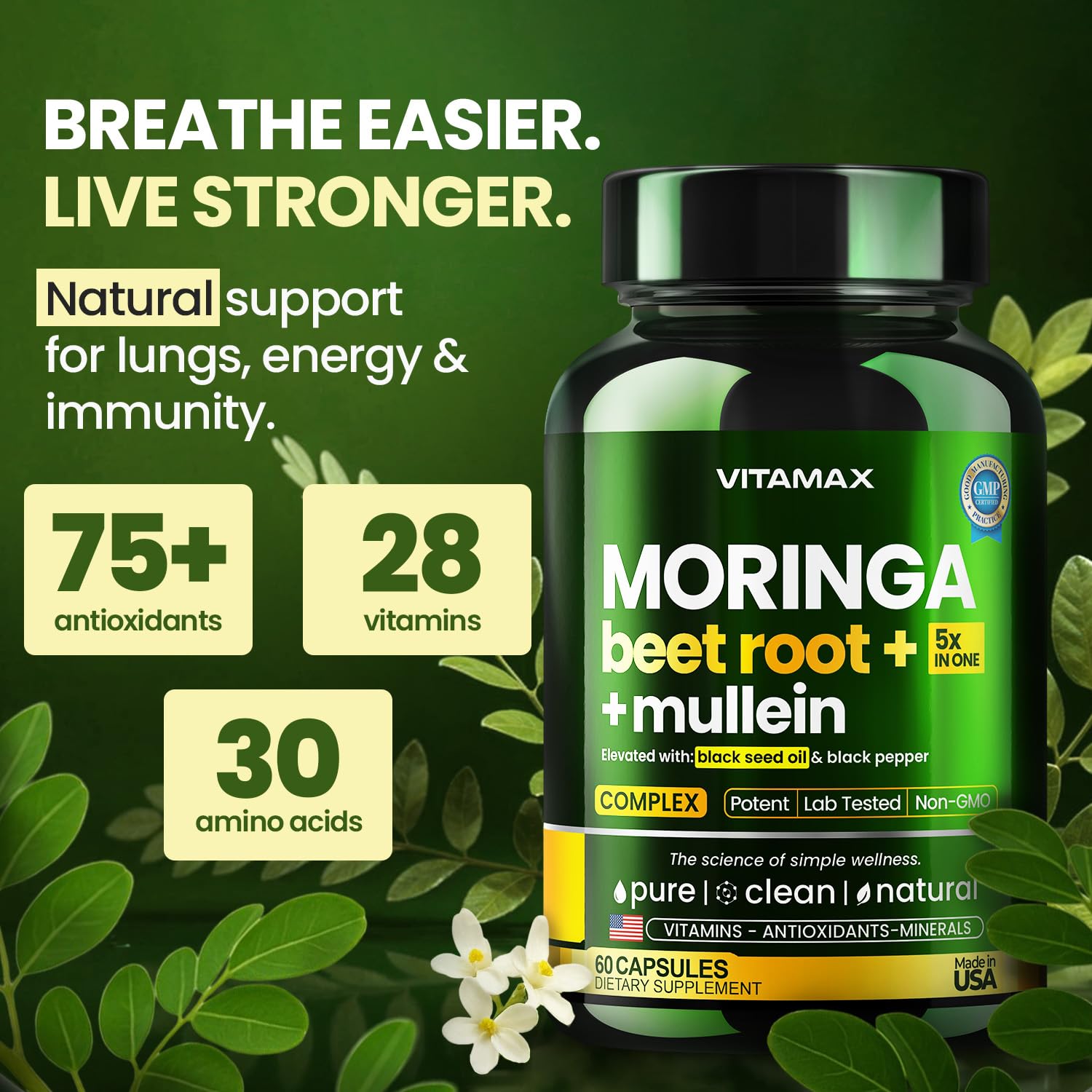 Moringa Capsules, Beet Root, Mullein Leaf - Energy, Skin, Immune Supplement Superfood, Rich in Antioxidants, Minerals & Essential Vitamins - High Absorption Non-GMO - Made in USA - 60ct VitamaxAu supplements