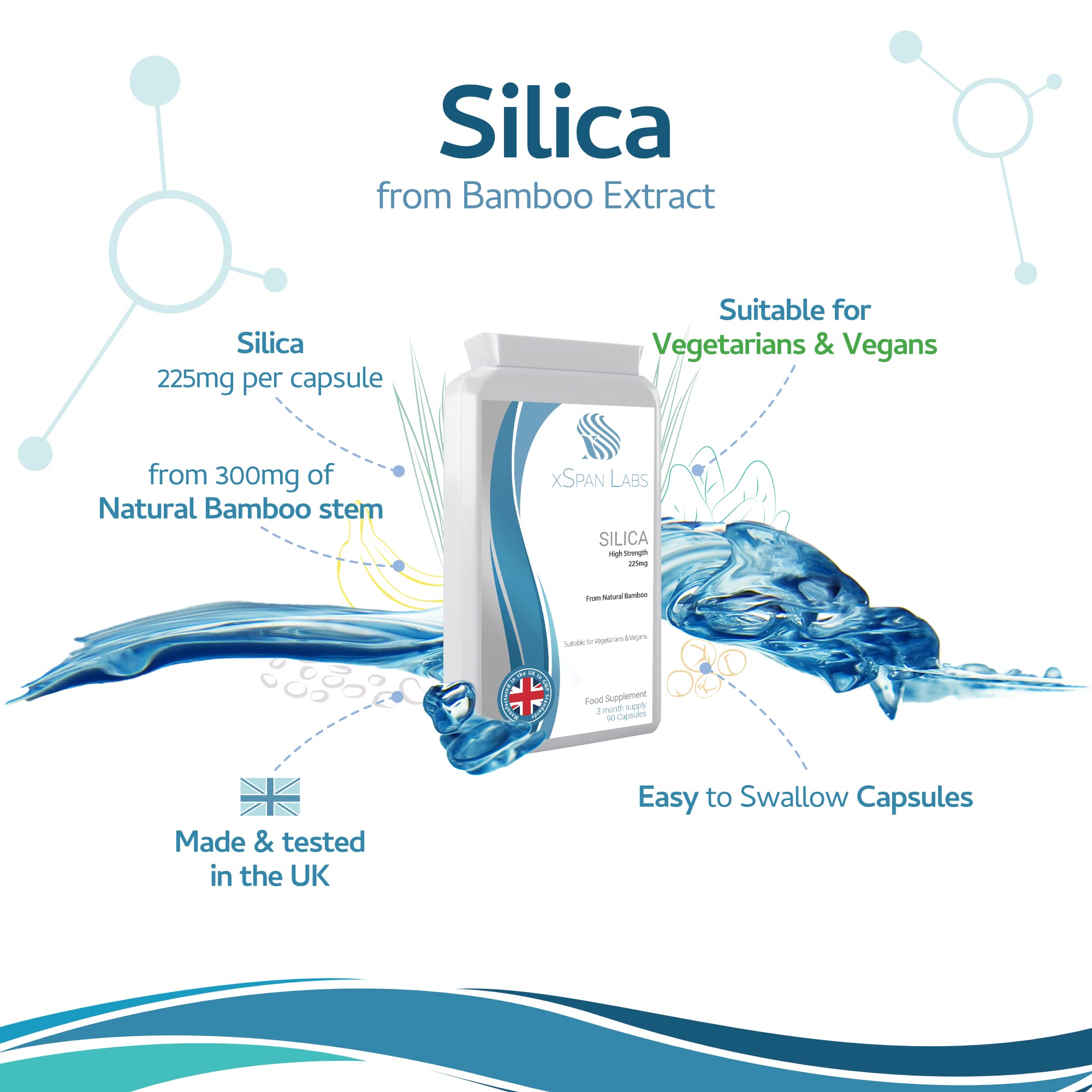 Silica 225mg – 90 Capsules - A Potent Highly Bioavailable Form - Naturally Sourced from Bamboo Extract - One-A-Day Vegan Capsules to Support Healthy Hair, Nails and Skin - Made in The UK Xspan LabsAu supplements