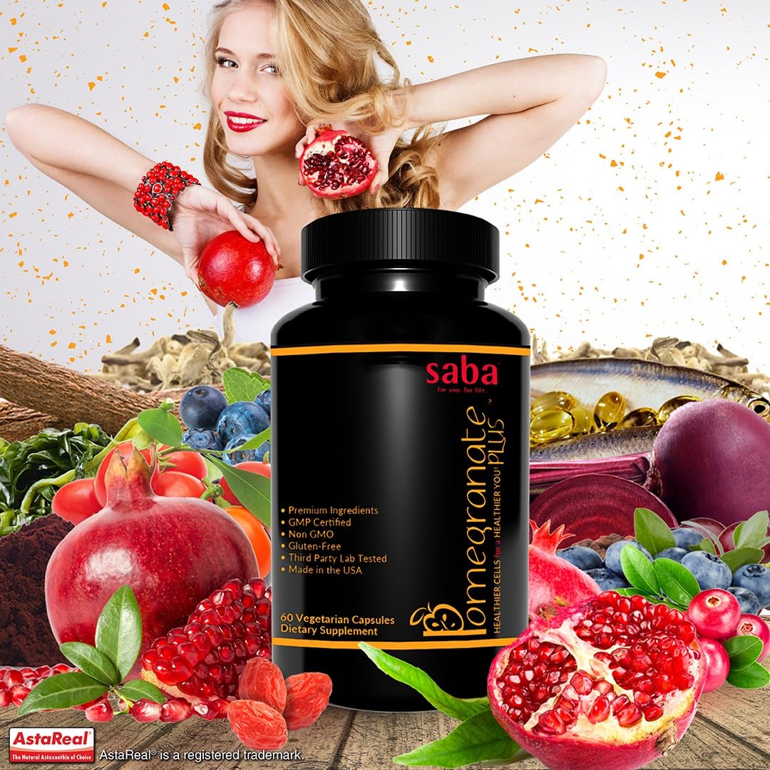 Saba Pomegranate Plus – Antioxidant Supplement with Astaxanthin & Adaptogens | Immune, Skin, Heart & Brain Support | Daily Stress & Cellular Wellness | 60 Capsules SabaAu supplements