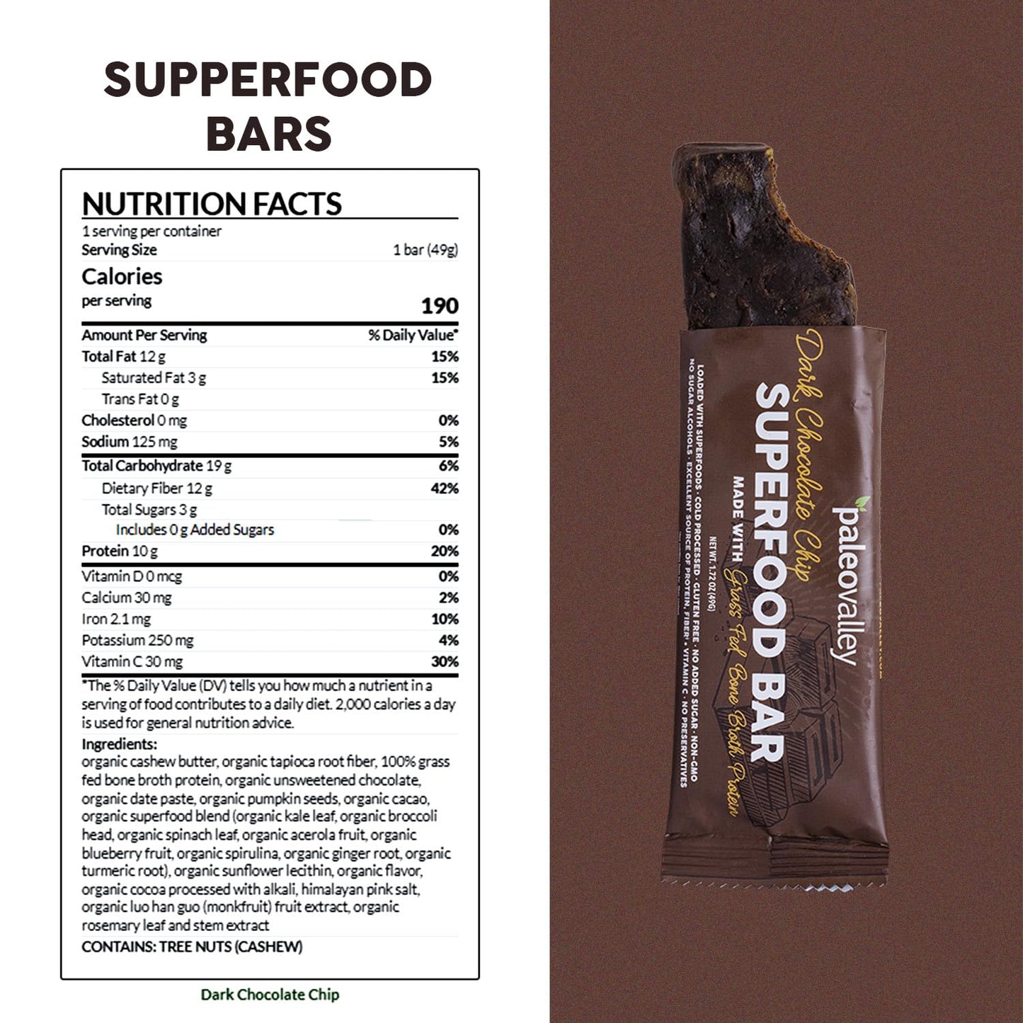 Paleovalley Superfood Bars – Dark Chocolate Chip– 10 Pack – 9g Protein per Bar – Gluten-Free, Grain-Free, Paleo, Non-GMO – On-the-Go Snack PaleovalleyUS supplements