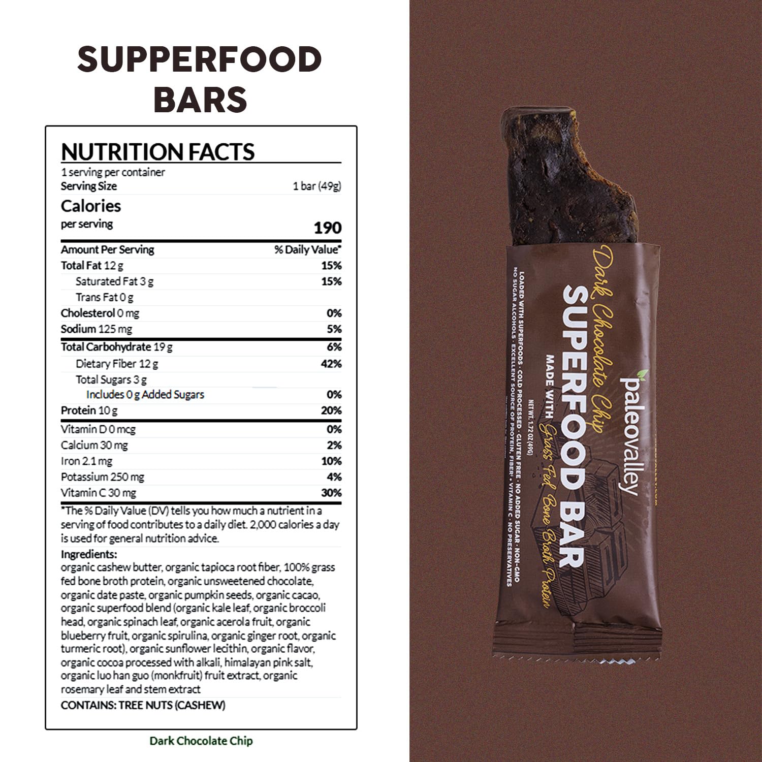 Paleovalley Superfood Bars – Dark Chocolate Chip– 10 Pack – 9g Protein per Bar – Gluten-Free, Grain-Free, Paleo, Non-GMO – On-the-Go Snack PaleovalleyUS supplements