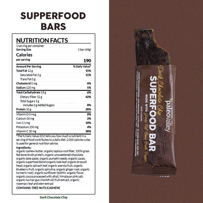 Paleovalley Superfood Bars – Dark Chocolate Chip– 10 Pack – 9g Protein per Bar – Gluten-Free, Grain-Free, Paleo, Non-GMO – On-the-Go Snack PaleovalleyUS supplements
