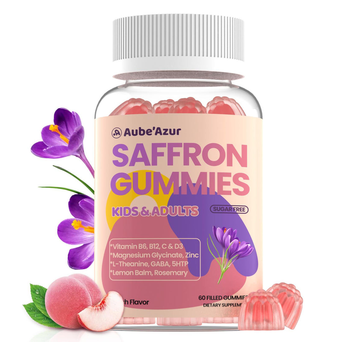 Saffron Gummies for Kids Adults 88.5mg, 15-in-1 Saffron Supplements for Kids, with B6, B12, C, D3, Magnesium Glycinate, Zinc for Nerve, Rest, Focus, Sugar Free, Vegan, Non- GMO, Peach Flavor, 60 Count Aube'AzurAu supplements