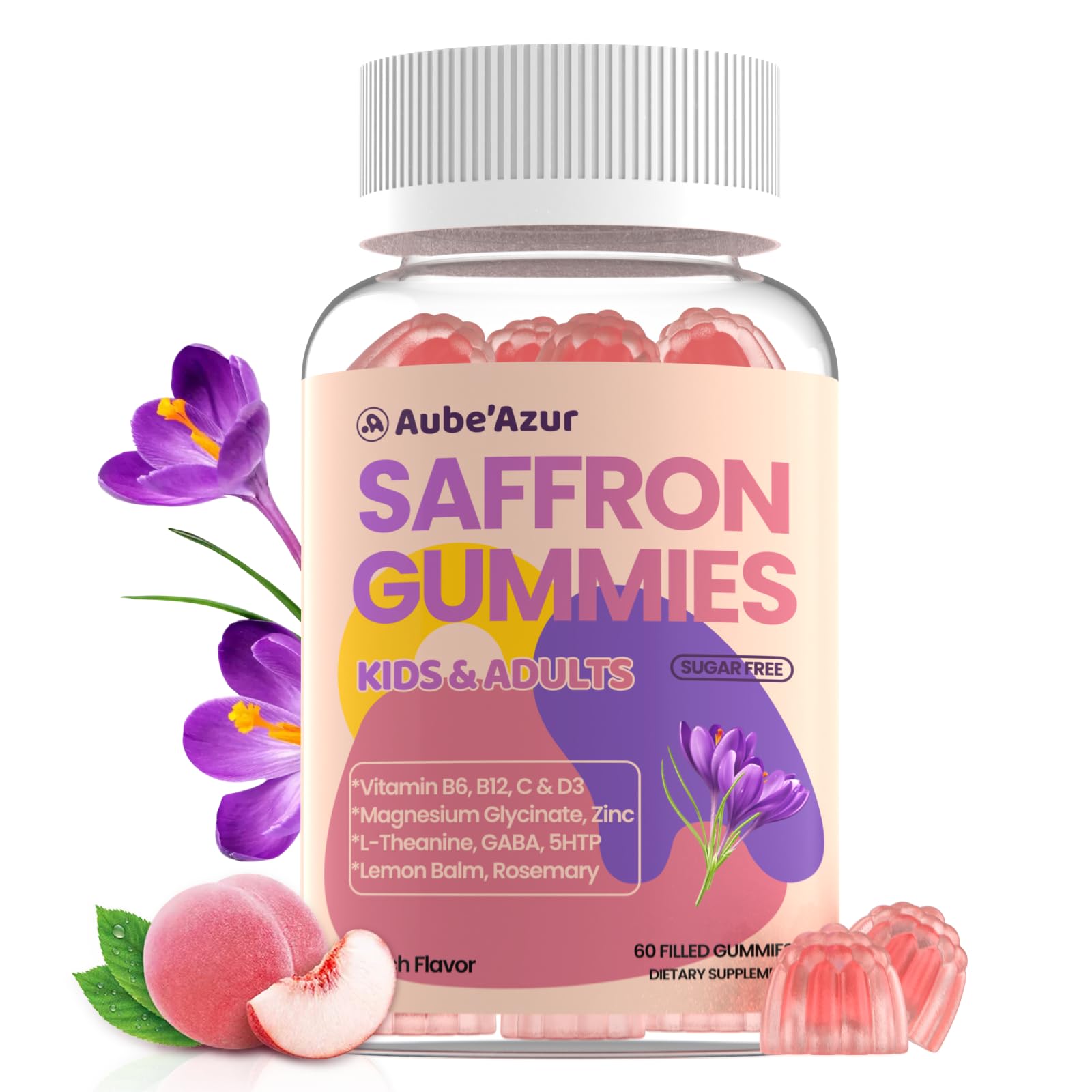 Saffron Gummies for Kids Adults 88.5mg, 15-in-1 Saffron Supplements for Kids, with B6, B12, C, D3, Magnesium Glycinate, Zinc for Nerve, Rest, Focus, Sugar Free, Vegan, Non- GMO, Peach Flavor, 60 Count Aube'AzurAu supplements