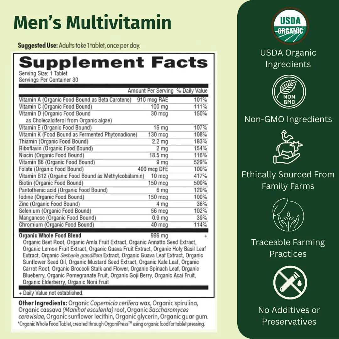 EarthFirst Organic Men’s Multi Once Daily, Whole-Food Multivitamin with 19 Vitamins & Minerals for Energy, Heart, Bone Strength EarthFirst OrganicAu supplements