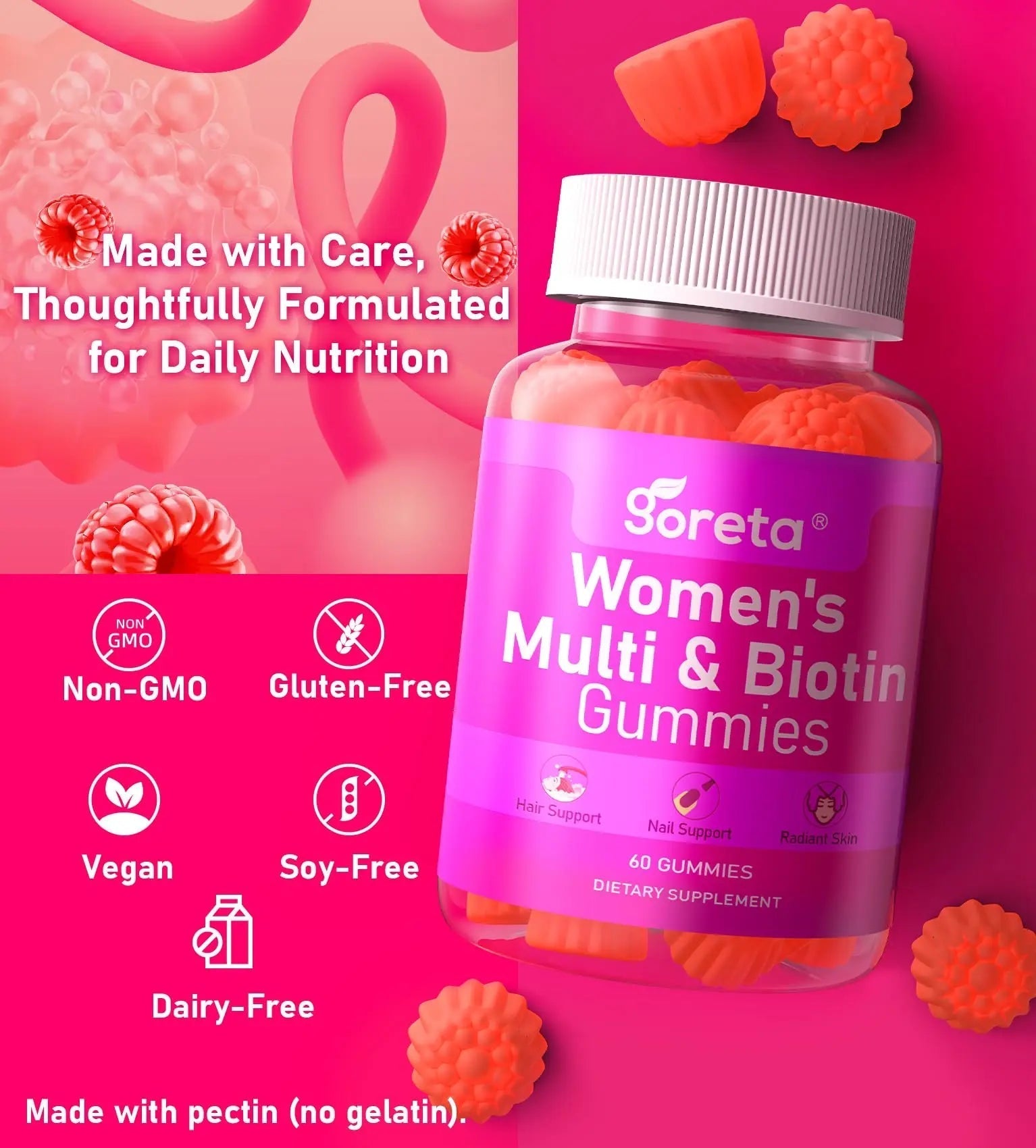 Goreta Women’s Multivitamin Gummies with Biotin 2,500 mcg – 15 Key Nutrients, Sugar-Free Mixed Berry, Pectin-Based, 60 Count GoretaAu supplements