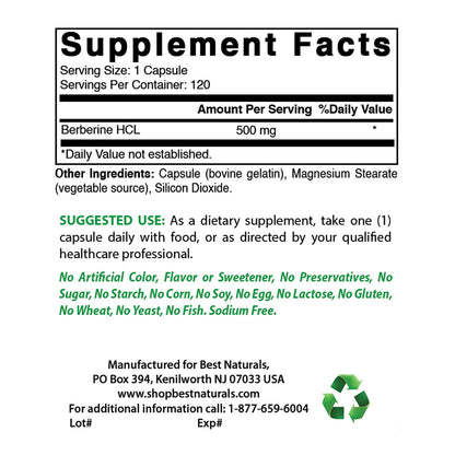 Best Naturals Berberine 500mg 120 Capsules - Supports Immune Function, Cardiovascular Best NaturalsUS supplements