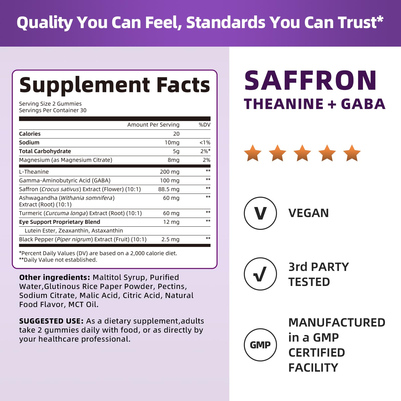 10-in-1 Saffron Supplements Gummies - Saffron Extract 88.5 mg with L-Theanine, GABA, Ashwagandha, Turmeric,Magnesium – Mood, Focus, Vision Support & Cortisol Balance, Sugar Free, Vegan, 60 Counts LukareeAu supplements