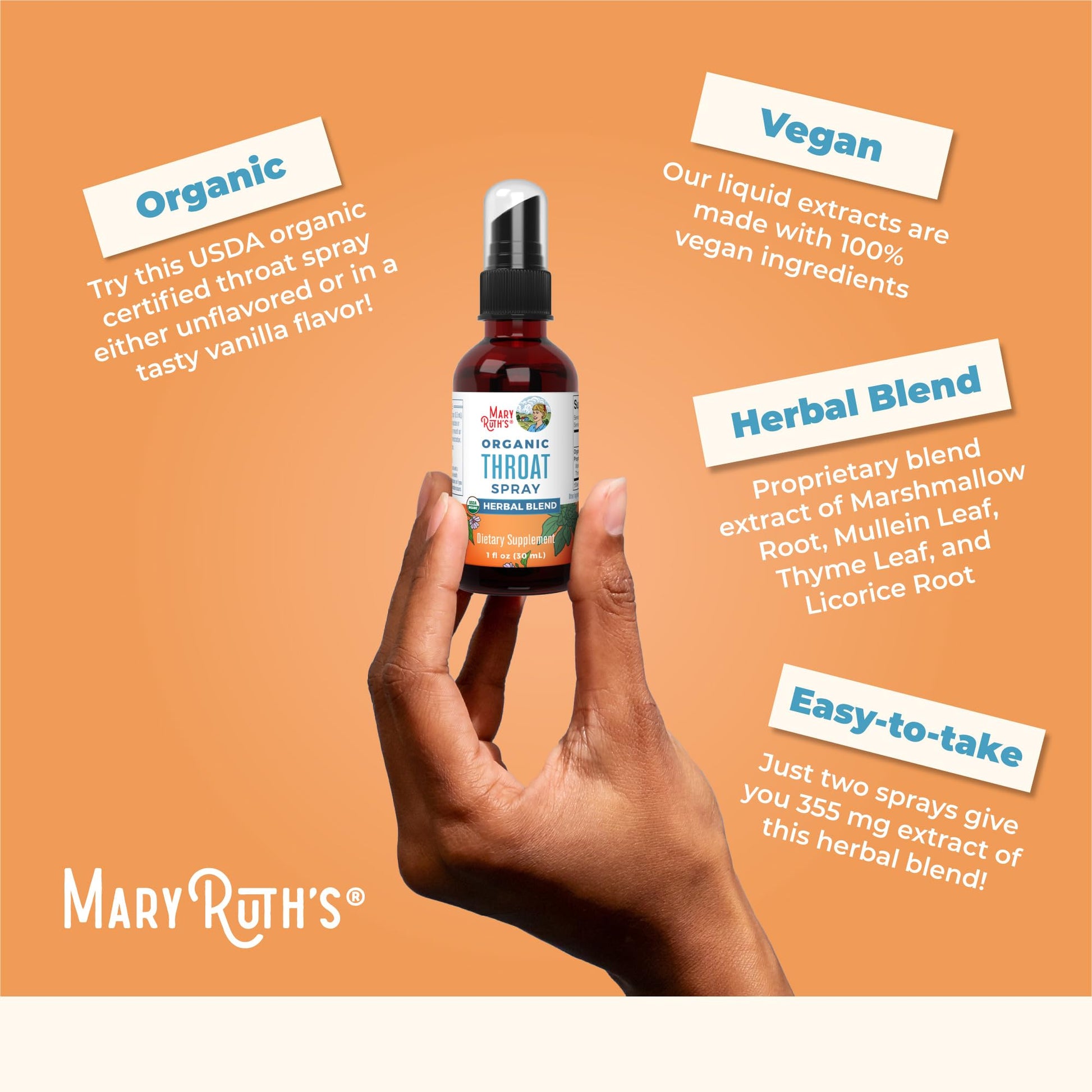 MaryRuth Organics USDA Organic Throat Spray with Mullein Leaf | Marshmallow Root & Licorice Root & Thyme Leaf | 4 Herbal Blend | Non-GMO | Vegan | Gluten Free | 1 Fl Oz | Up to 100 Servings MARYRUTH'SUS supplements