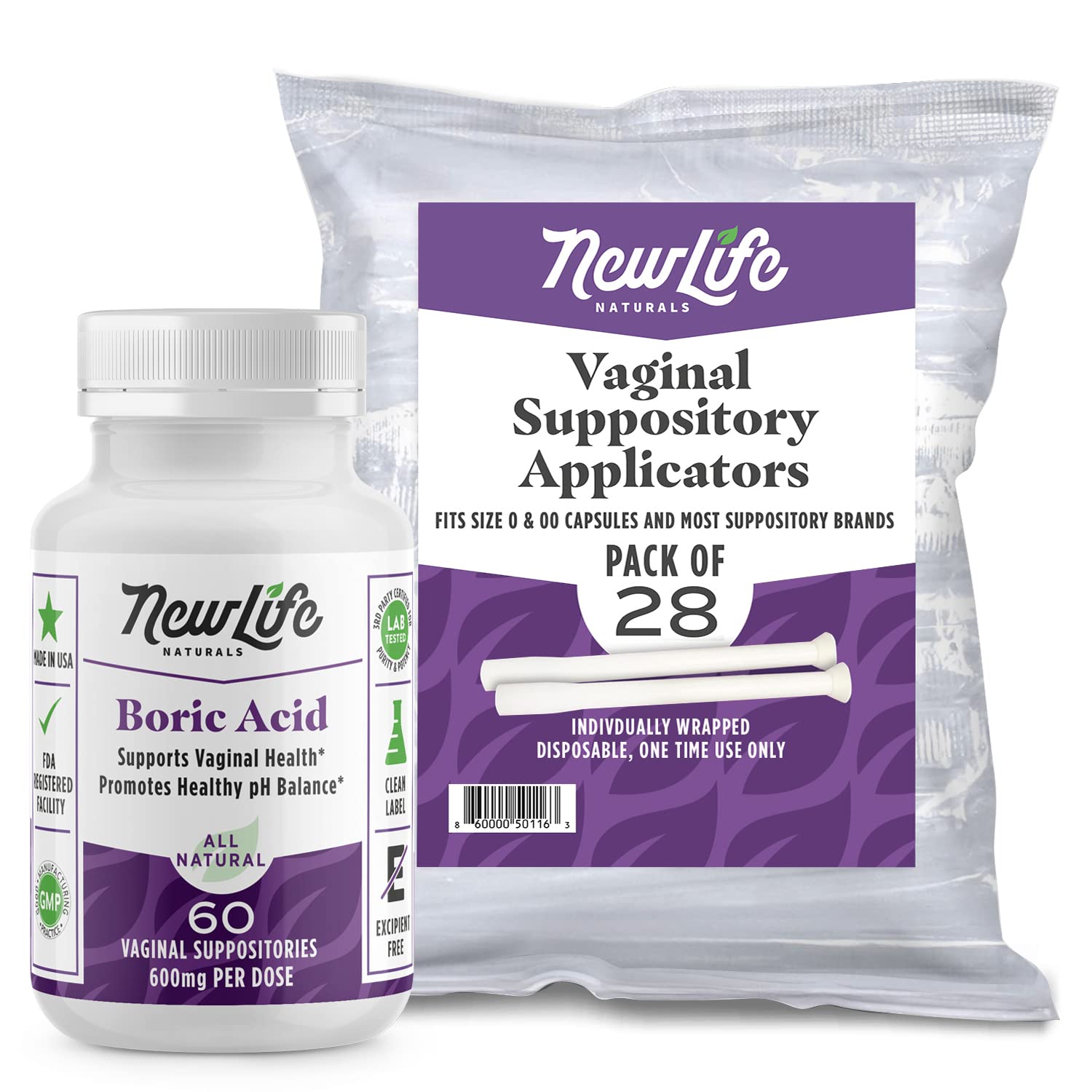 NewLife Naturals Boric Acid Vaginal Suppositories 600mg (60 Pack) with 28 Applicators - for pH Balance NewLife NaturalsAu supplements