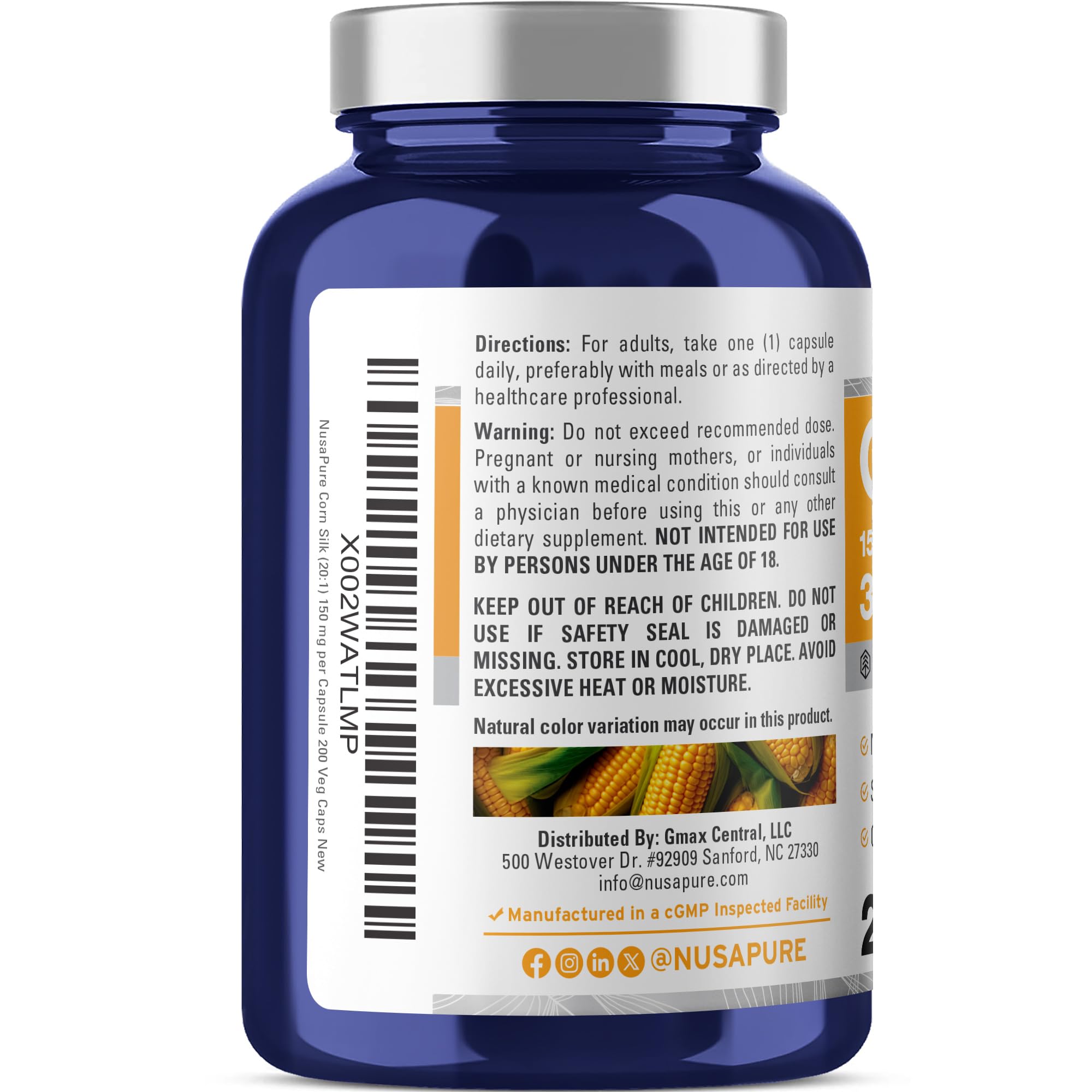 NusaPure Corn Silk Extract 3,000 mg per Caps - 200 Veggie Caps (100% Vegetarian, Non-GMO, Extract 20:1, Vegan) NusaPureAu supplements