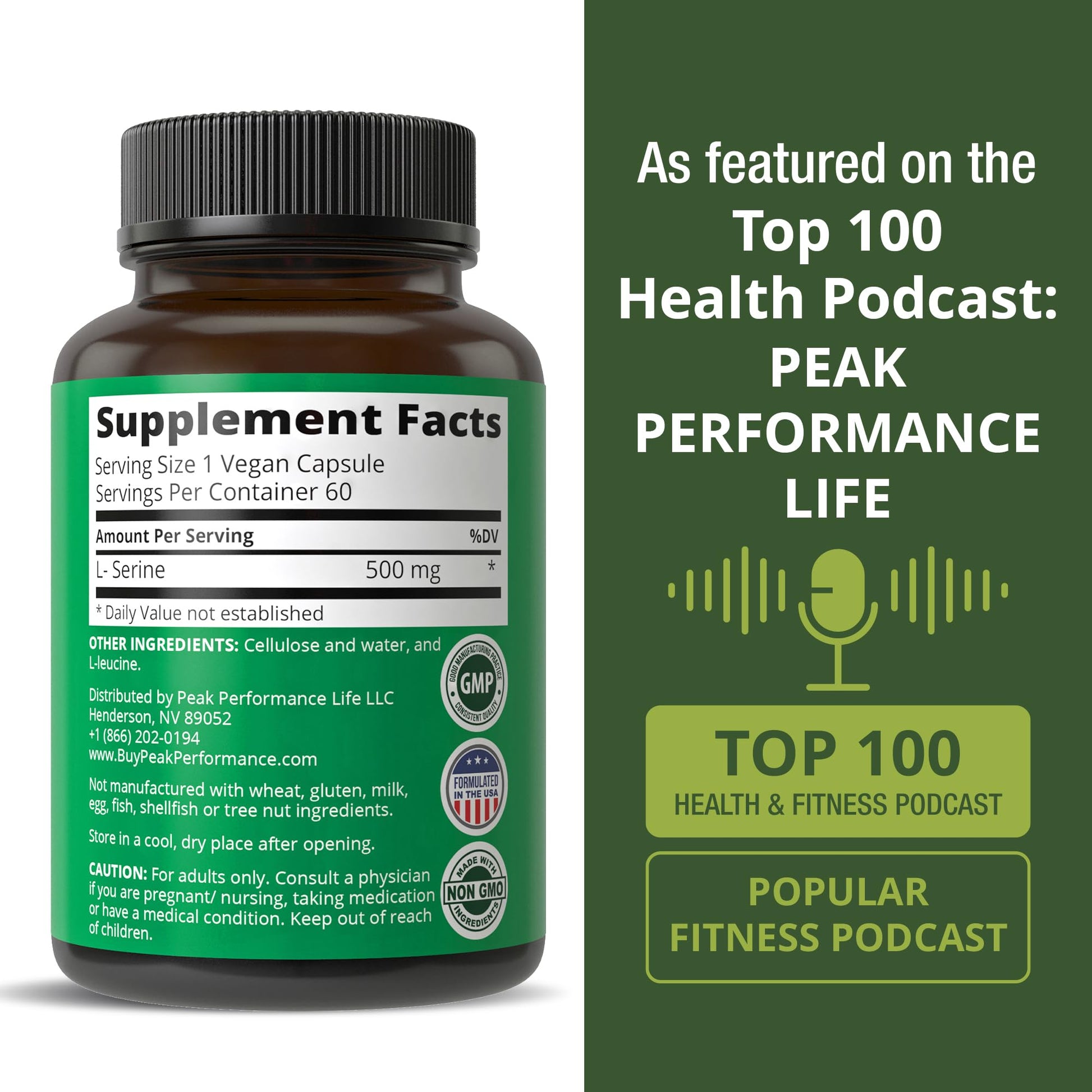 Peak Performance L-Serine Capsules 500mg Best Brain and Nootropic Amino Acids for Production of L-Cystine, L-Tryptophan and Serotonin. USA Grade L Serine Pills. Non-GMO Supplement (60 Servings) Peak PerformanceAu supplements