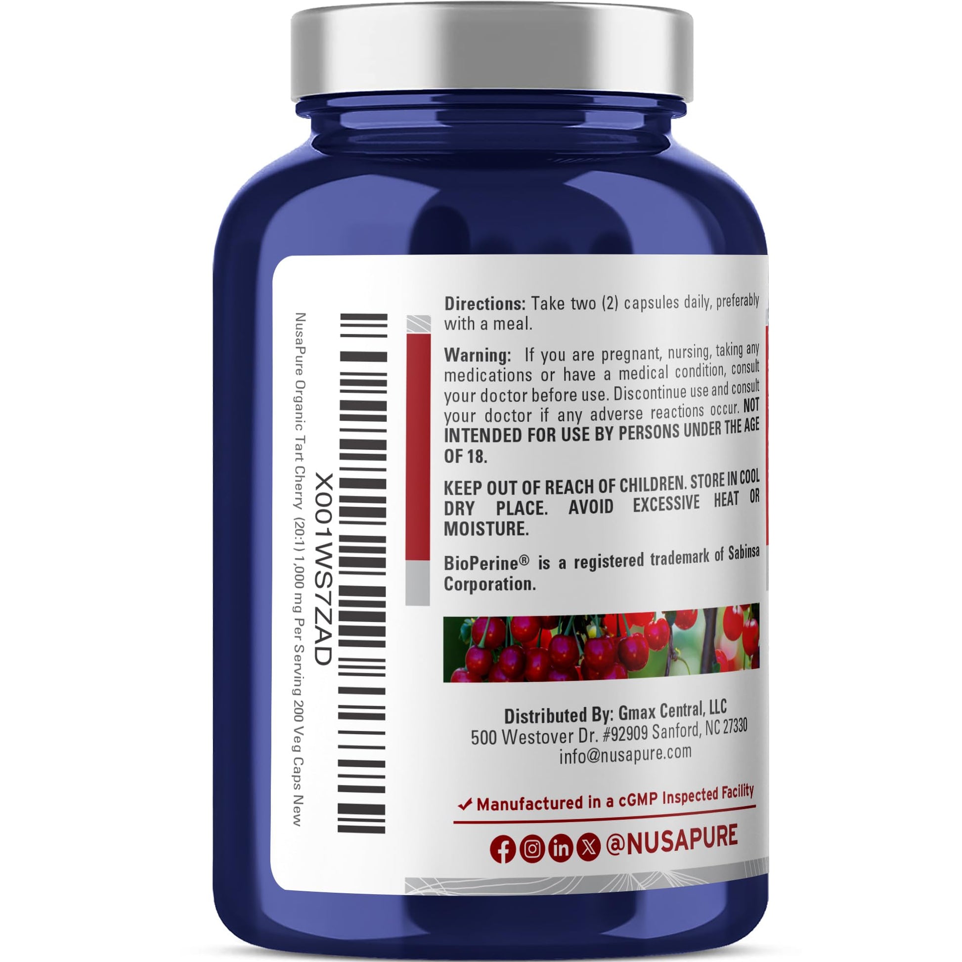 NusaPure Organic Tart Cherry 20:1 Extract, 1000 mg Equivalent to 20,000 mg 200 Veggie Caps (Vegan, Non-GMO) Bioperine NusaPureAu supplements