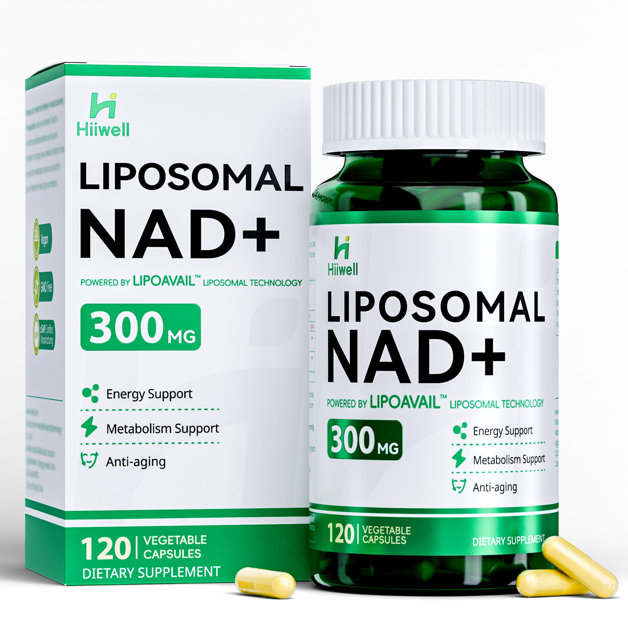 Liposomal NAD Supplement 300mg + Trans-Resveratrol & Quercetin, Energy & Anti-Aging Support, Boost NAD+ Levels - Vegan, Pure NAD Resveratrol Supplement for Women & Men, 120 Capsules HiiwellAu supplements