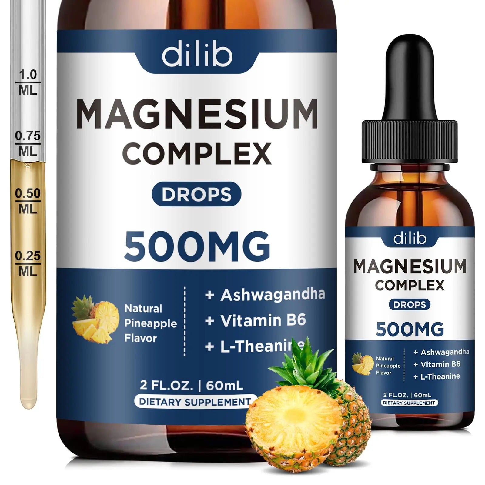 Triple Magnesium Complex Supplement-Magnesium Glycinate, Citrate, Malate Liquid Drops 500mg with Ashwagandha, L-Theanine, Vitamin B6 for Calm, Stress Relief, Sleep, Muscle Support-Pineapple Flavor dilibAu supplements