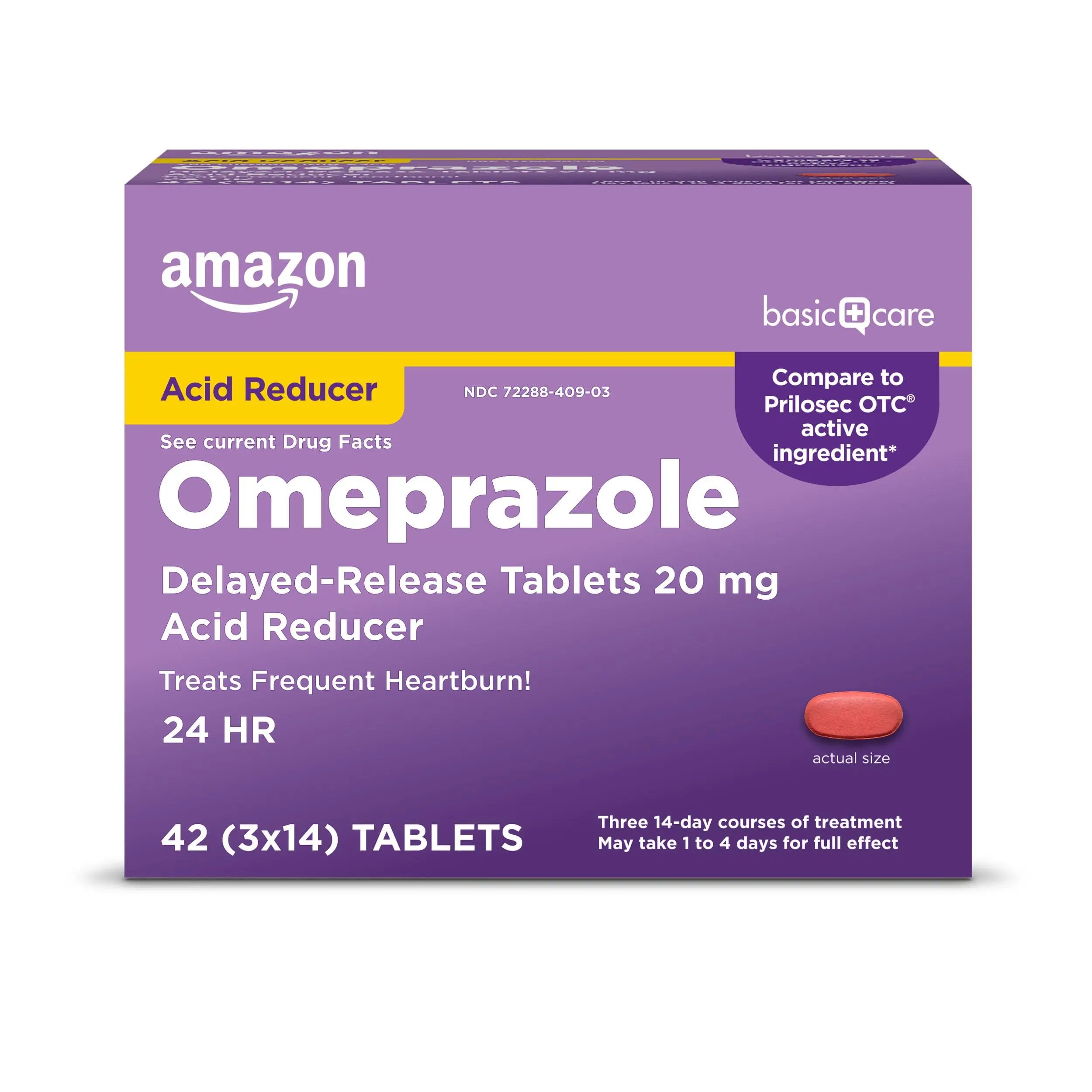 Amazon Basic Care Omeprazole Delayed Release Tablets 20 mg, Acid Reducer, treats frequent heartburn,, Cream, Regular, 42 Count (Pack of 1), 42 Count, Amazon Basic CareAu supplements