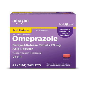 Amazon Basic Care Omeprazole Delayed Release Tablets 20 mg, Acid Reducer, treats frequent heartburn,, Cream, Regular, 42 Count (Pack of 1), 42 Count, Amazon Basic CareAu supplements