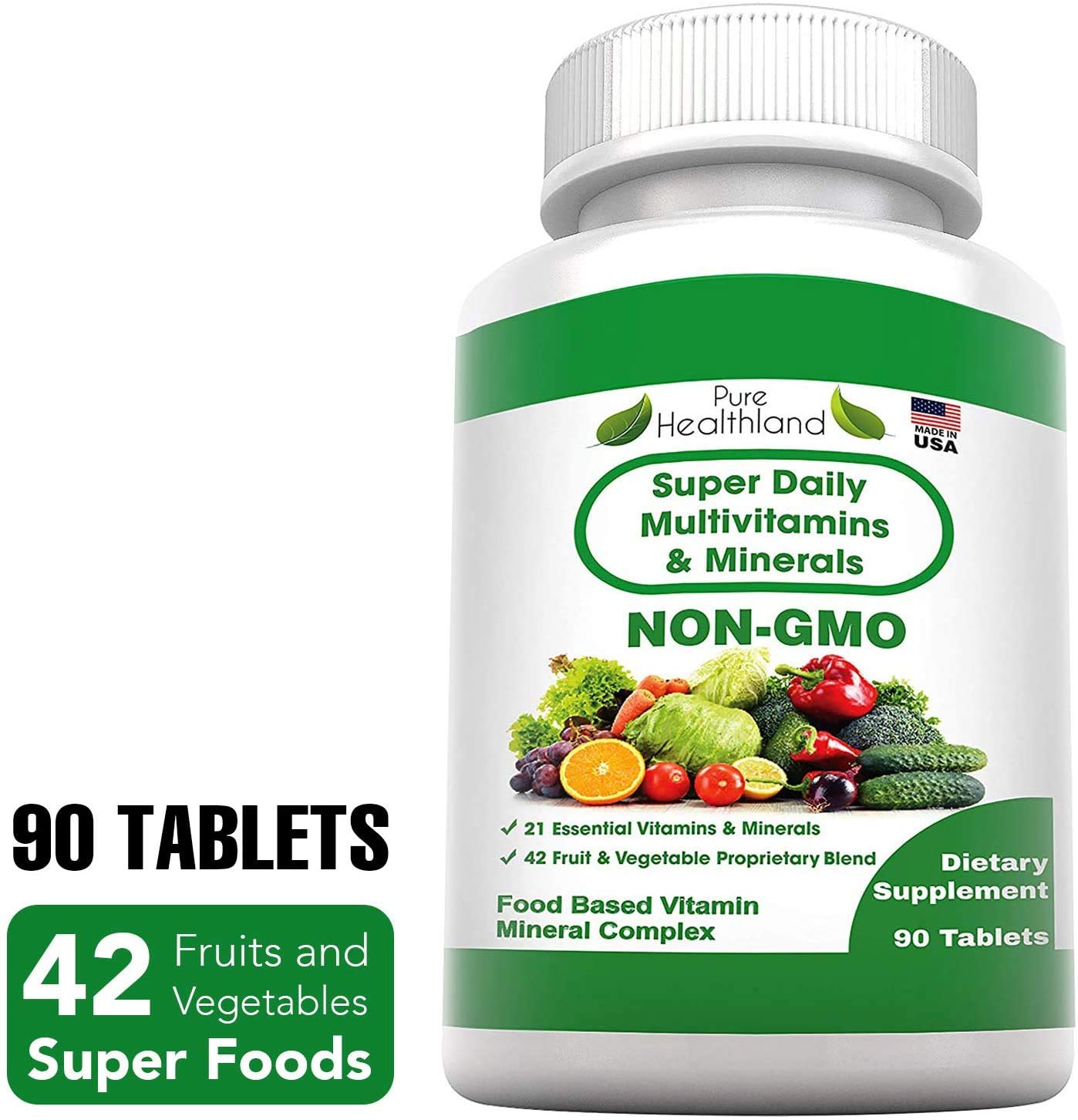 Pure Heathland Non-GMO Super Daily Multivitamin for Adults – 42 Natural Fruits & Vegetables Blend with 21 Essential Vitamins & Minerals – Vegan Coating Tablets, 90 Count, Made in USA Pure HealthlandAu supplements