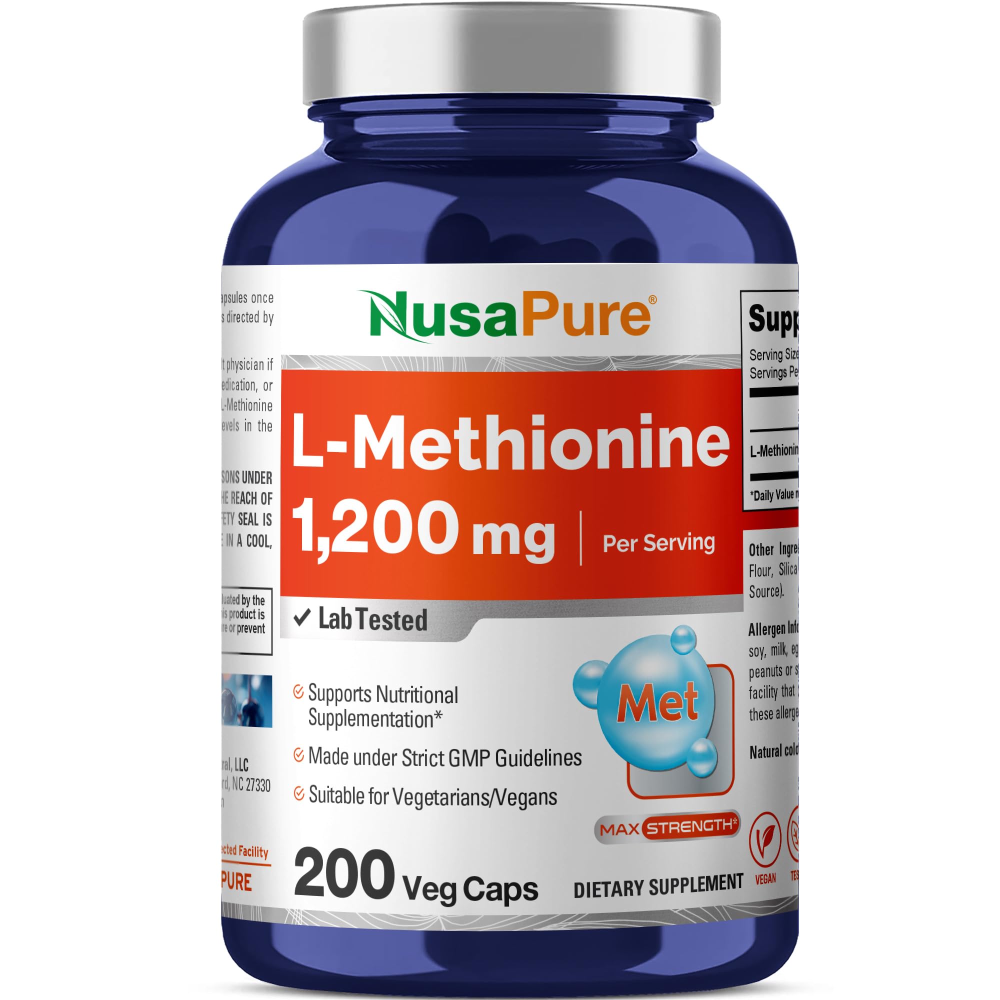 NusaPure L Methionine 1200mg | 200 Capsules | Non-GMO | Vegan Supplement NusaPureAu supplements
