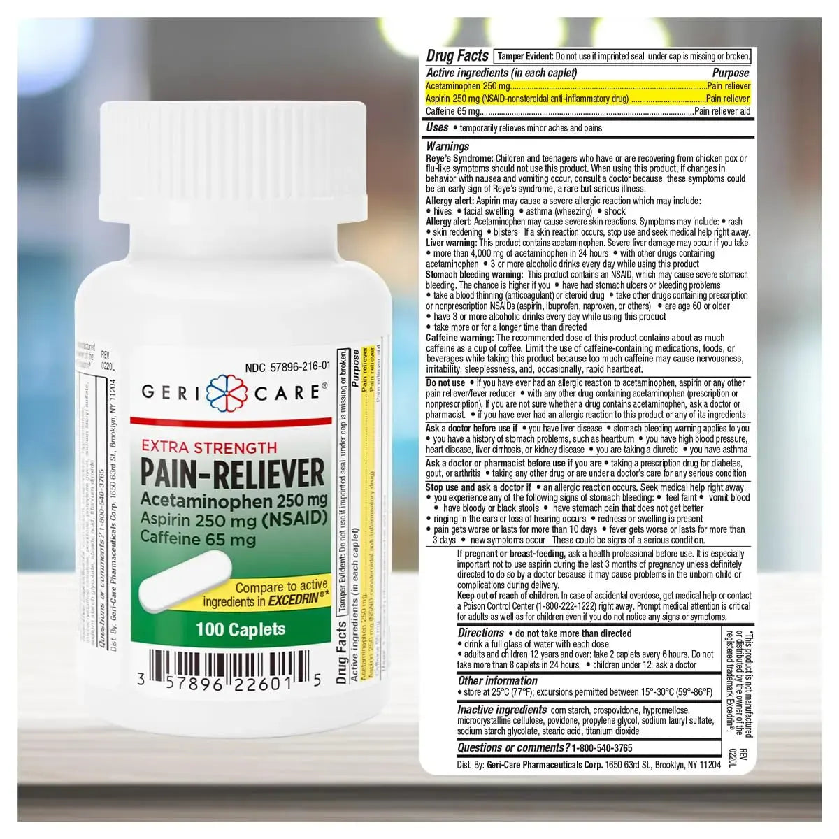 GeriCare Pain Reliever Extra Strength Caplets – 100 Count – Acetaminophen 250mg, Aspirin 250mg (NSAID), Caffeine 65mg – Powerful Triple-Action Formula for Headaches, Migraines & Minor Aches (2 Pack) GeriCareAu supplements