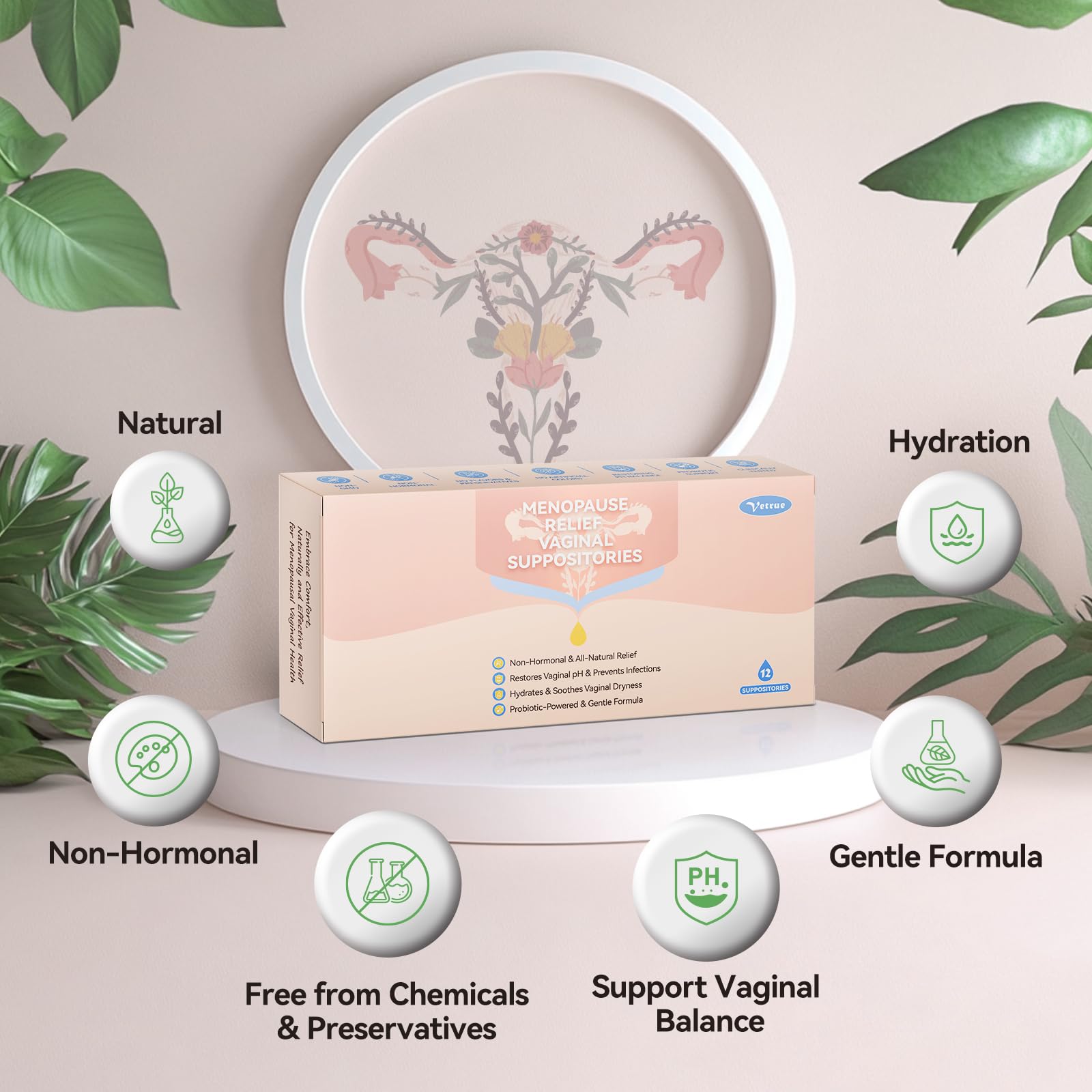 Vetrue Menopause Relief Vaginal Suppositories, Non-Hormonal, All-Natural Formula with Boric Acid, Hyaluronic Acid, Probiotics, Coconut Oil & Vitamin E, Soothes Vaginal Dryness & Discomfort(12 Inserts) vetrueUS supplements