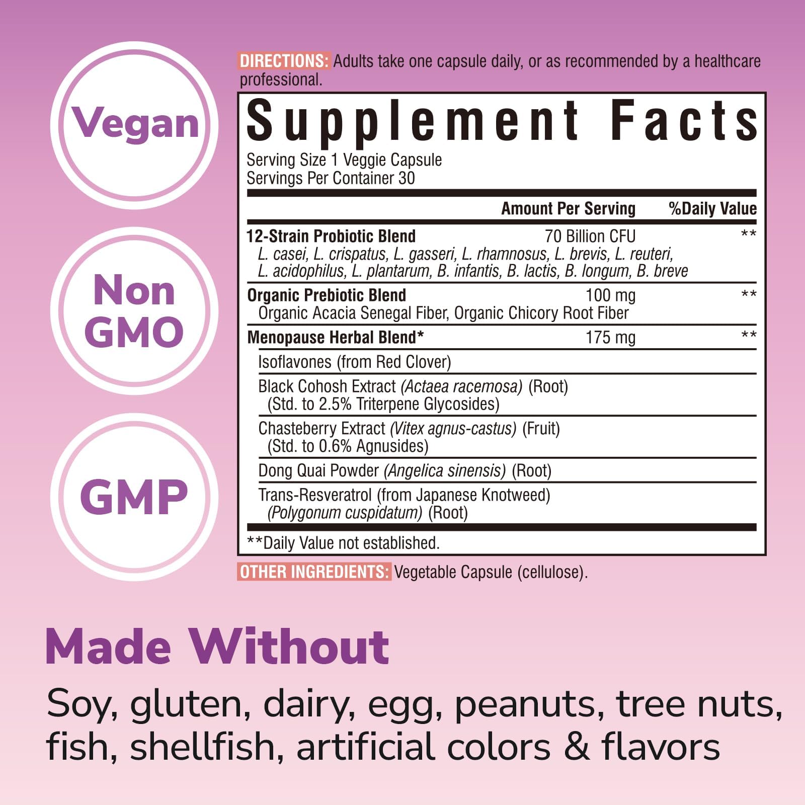 Vitalibre Menopause Probiotics for Women 70 Billion CFU, 12 Targeted Strains, Organic Prebiotics, Black Cohosh Resveratrol Red Clover Chasteberry Dong Quai, Hot Flash Night Sweat+, No Estrogen, 30 Ct VitalibreAu supplements