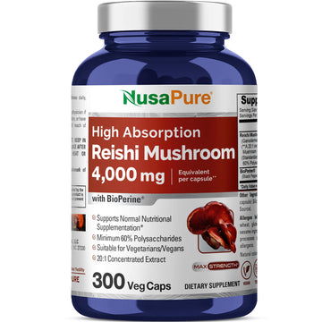 NusaPure Reishi Mushroom Extract 20:1 Extract, 200 mg Equivalent to 4000mg per Capsule 300 Veggie Caps Vegan, Non-GMO, Vegan NusaPureAu supplements