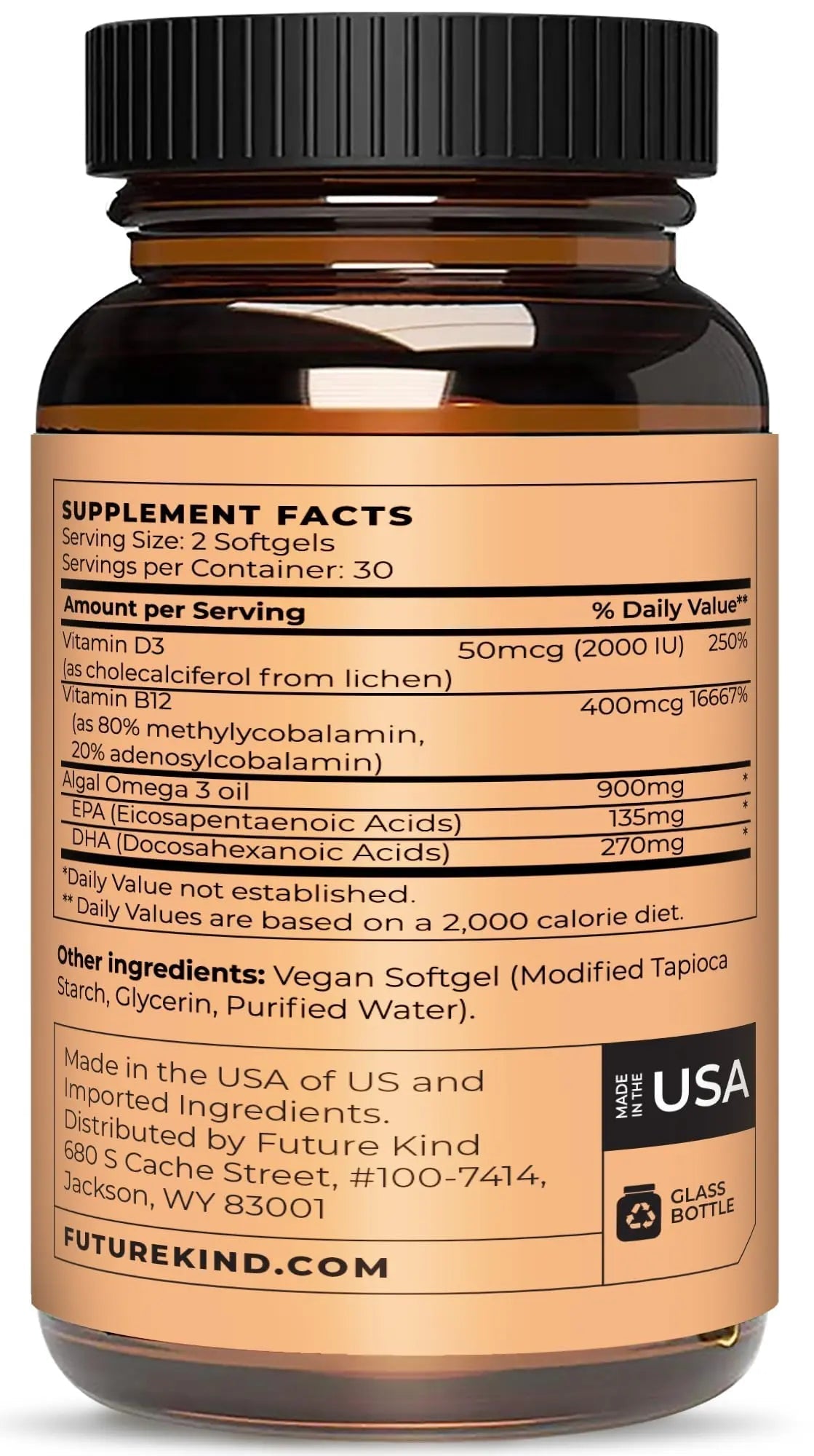 Future Kind Vegan Multivitamins - Glass Bottle & Made for Vegans with Omega 3 DHA, EPA, Vitamin B12 & D3 for Energy, Focus, & Mood (60 Softgels) Future KindAu supplements