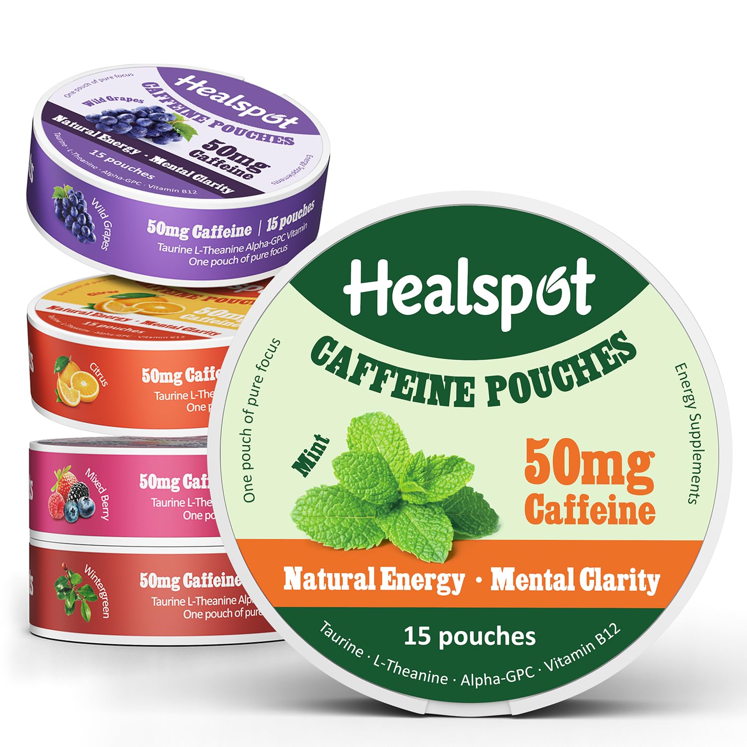 Healspot Nootropic Caffeine Pouches, Energy Pouches with 50mg Caffeine | Taurine | Vitamin B12 | Alpha-GPC | L-Theanine, Focus and Energy Supplements Variety Packs 5 Flavors HealspotAu supplements