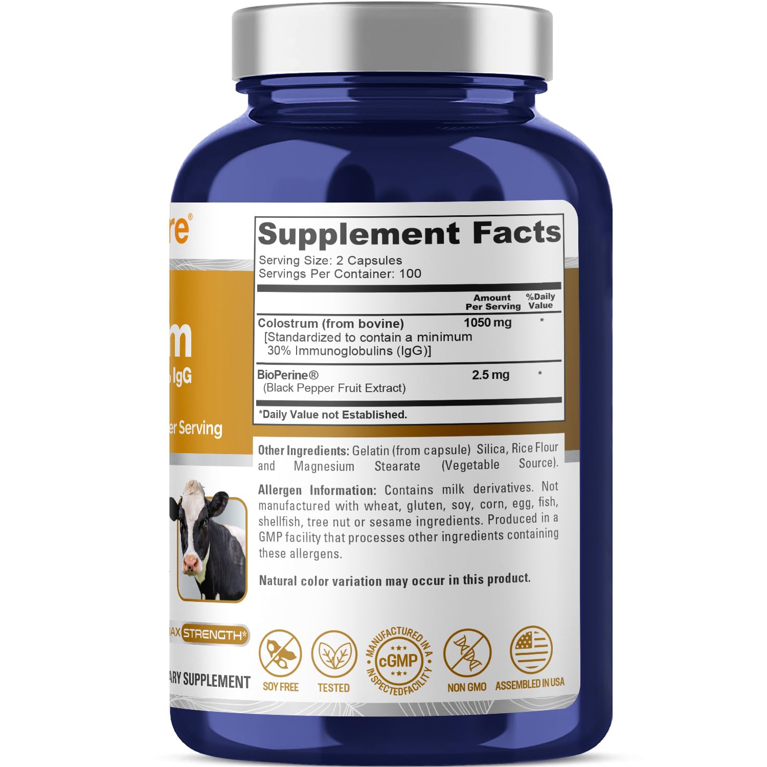NusaPure Colostrum 1050mg 30% IgG 200 capsules (Non-GMO, Soyfree) Bioperine NusaPureAu supplements