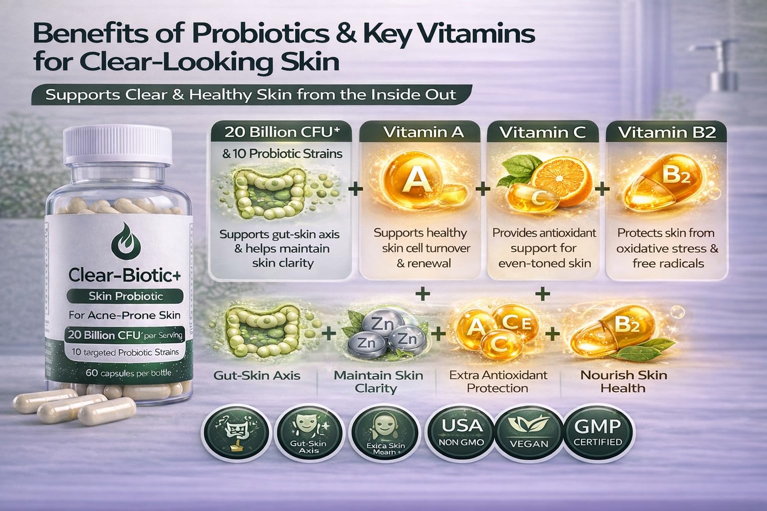 Acne Pills Probiotic Acne Supplements for Teens & Adults - Hormonal Acne Vitamins, Gut Health for Clear Skin, Non-GMO (60 Capsules) Gut Skin Axis Clear-BioticAu supplements