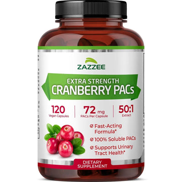 Zazzee Cranberry PACs, 72 mg PACs per Capsule, 2X Strength, 100% Soluble, 120 Vegan Capsules, 50:1 Extract, 18,200 mg Strength, Fast-Acting, Effective Urinary Tract Support, Made in The USA ZazzeeAu supplements