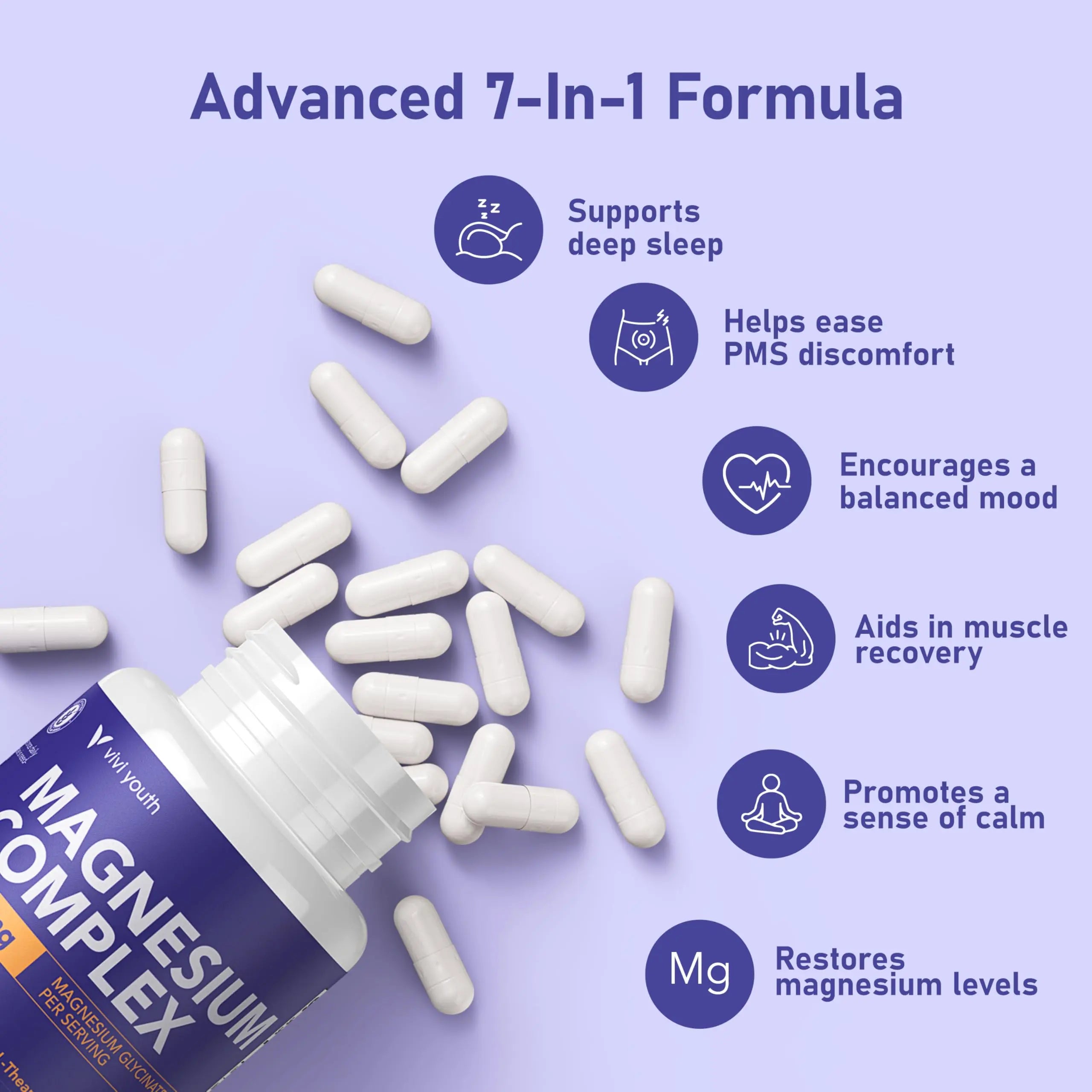 Magnesium 7 Complex for Women 1600mg, Magnesium Glycinate 600mg 7 High Absorption Magnesium Supplement with Citrate, Malate, Chelate, Taurate, Gluconate, Aspartate & Ascorbate for Sleep, 60 Capsules VIVI Youthnz supplements