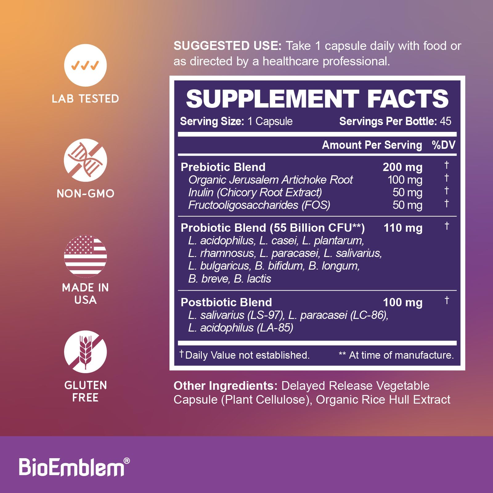 BioEmblem Probiotics for Women & Men – 55 Billion CFU | 11 Strains with Prebiotics & Postbiotics | Jerusalem Artichoke & Inulin | Digestive & Immune Support, Nutrient Absorption | Non-GMO,45 Capsules BioEmblemAu supplements