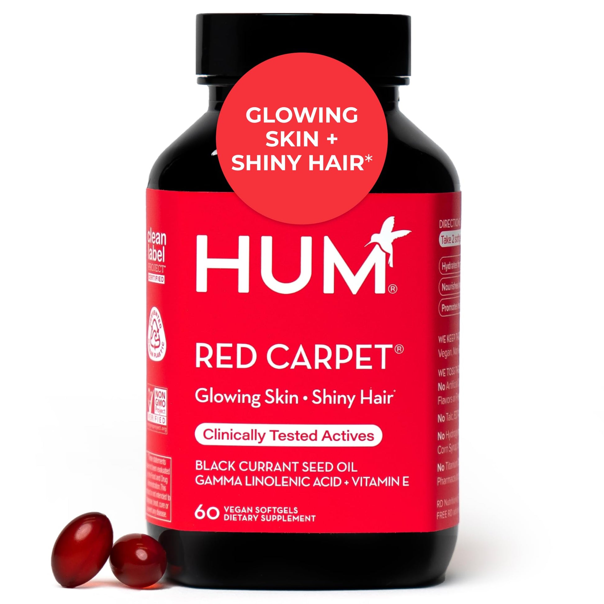 HUM Red Carpet Skin & Hair Vitamins for Women with Omega 3 Fatty Acids, Vitamin E, and Black Currant Seed Oil, Supplement for Skin Health & Healthy Hair Follicles Support, 60 Count HUMUS supplements
