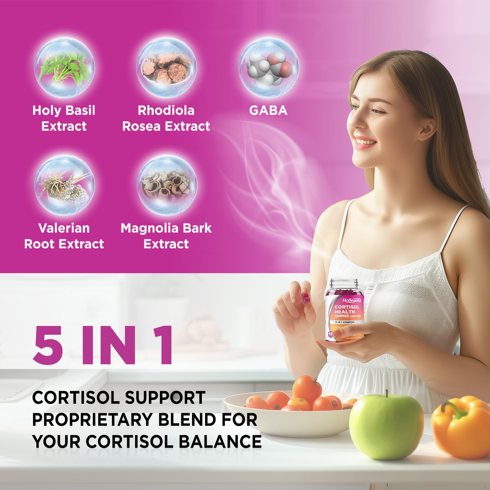 HOLLEGEND Cortisol Supplements for Women Men, Cortisol Gummies with Ashwagandha, Magnesium, L-Theanine, Phosphatidylserine, B6 for Cortisol Detox, Relaxation, Sleep, Focus, Sugar-Free, Vegan, 60 HOLLEGENDAu supplements