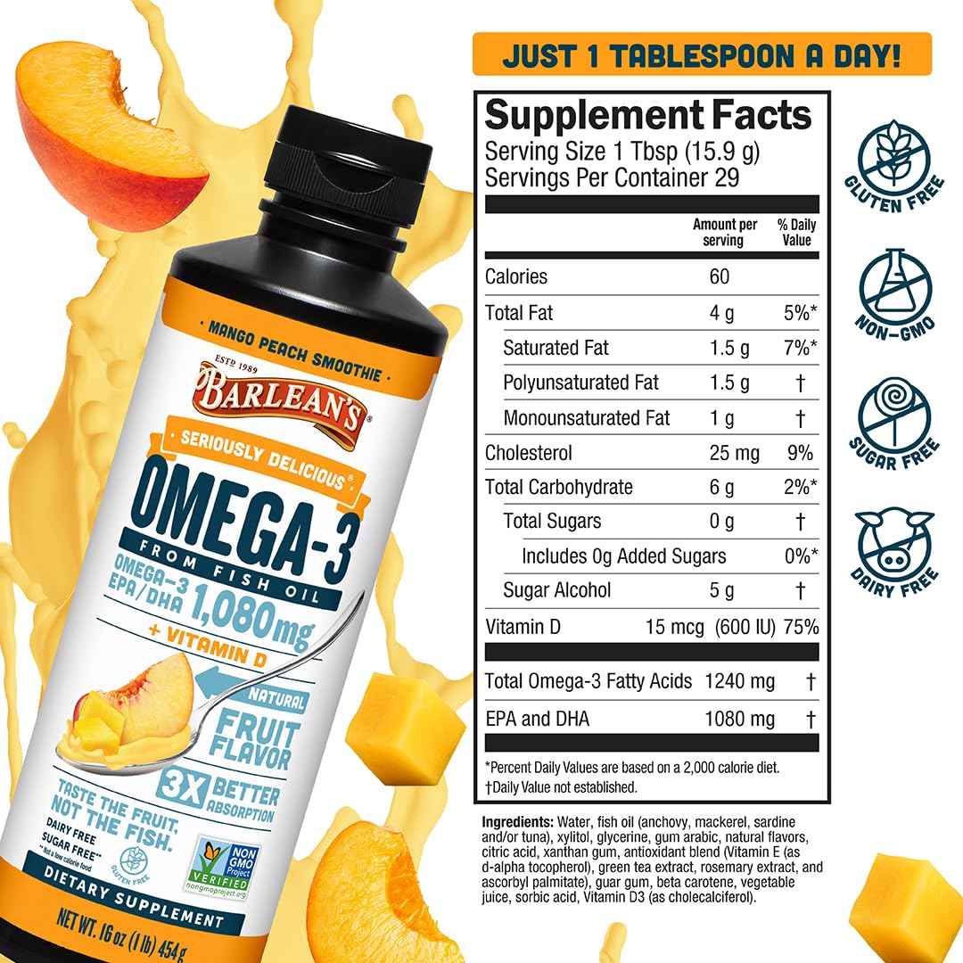 Barlean's Omega 3 Fish Oil Liquid Supplement with Vitamin D for Men and Women, 1080mg of EPA and DHA Fatty Acid, Promotes Brain & Heart Health - Non-GMO, Mango Peach, 16 oz Barlean'sAu supplements