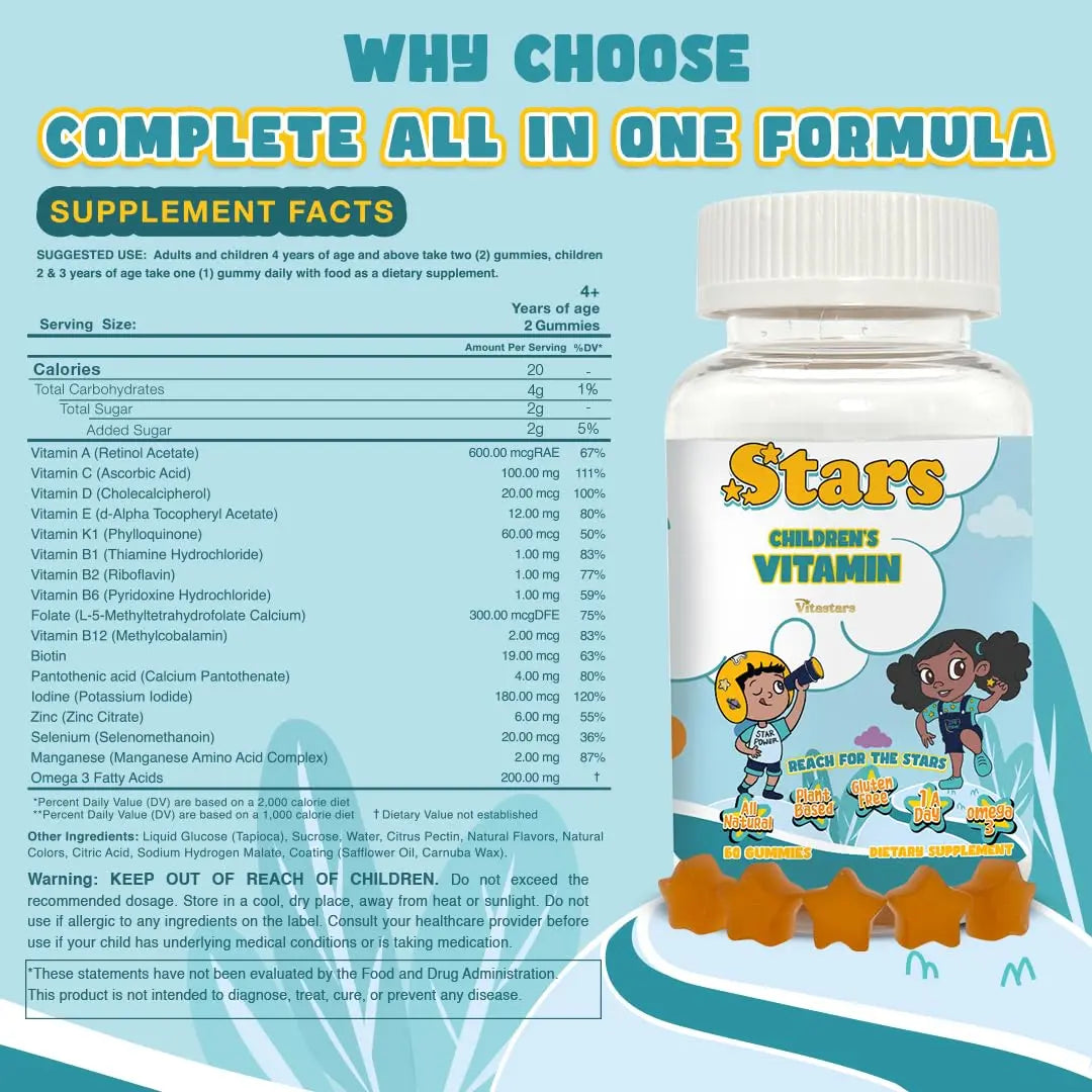 Stars Kids Multivitamin Gummies with Omega 3, Vitamins for Kids with A, B, C, D, Plant Based Multi Vitamins for Children, Manganese VitastarsAu supplements